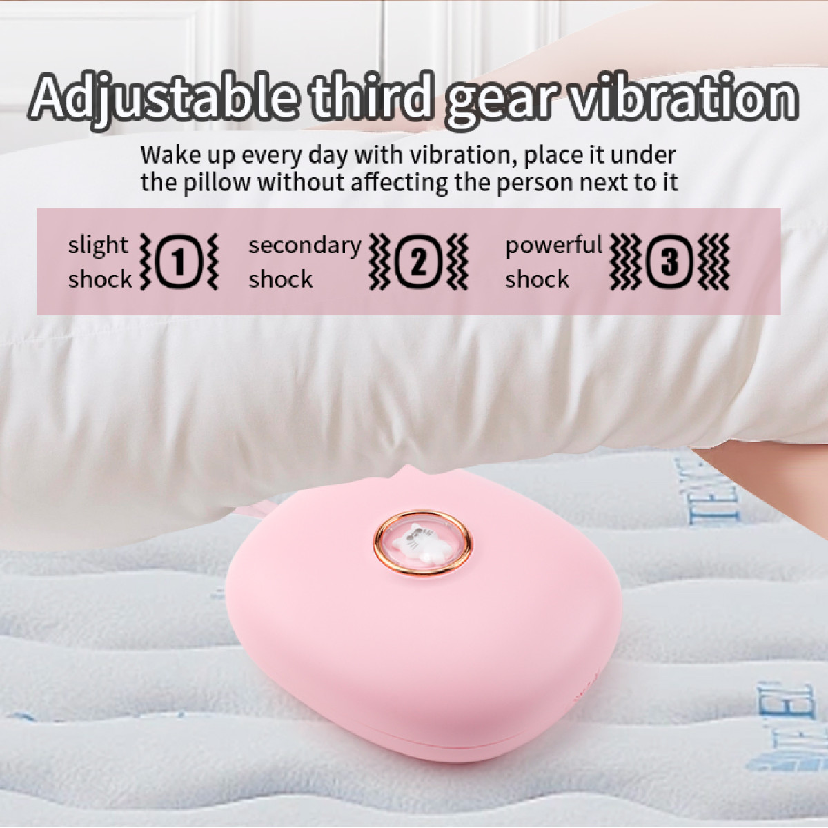 Roze apparaat op bed, met vibratieniveaus. Tekst: Instelbare trilling van de derde versnelling.