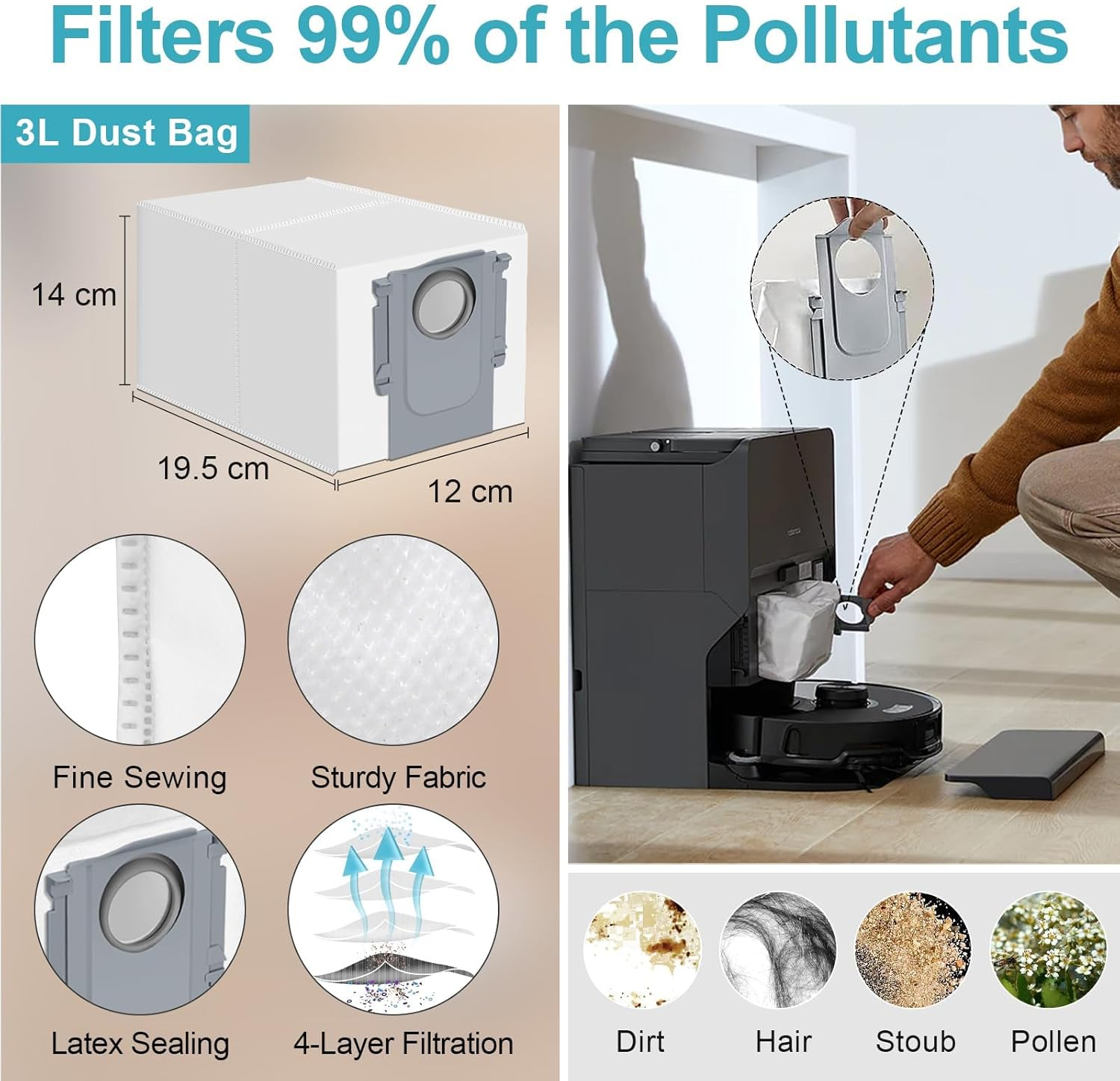 Biały worek na kurz pokazano z wymiarami, a proces filtrowania kurzu przez odkurzacz jest szczegółowo opisany.