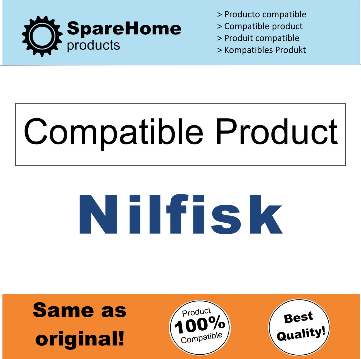 El texto dice 'Producto compatible' con 'Nilfisk' debajo y 'SpareHome products' arriba.