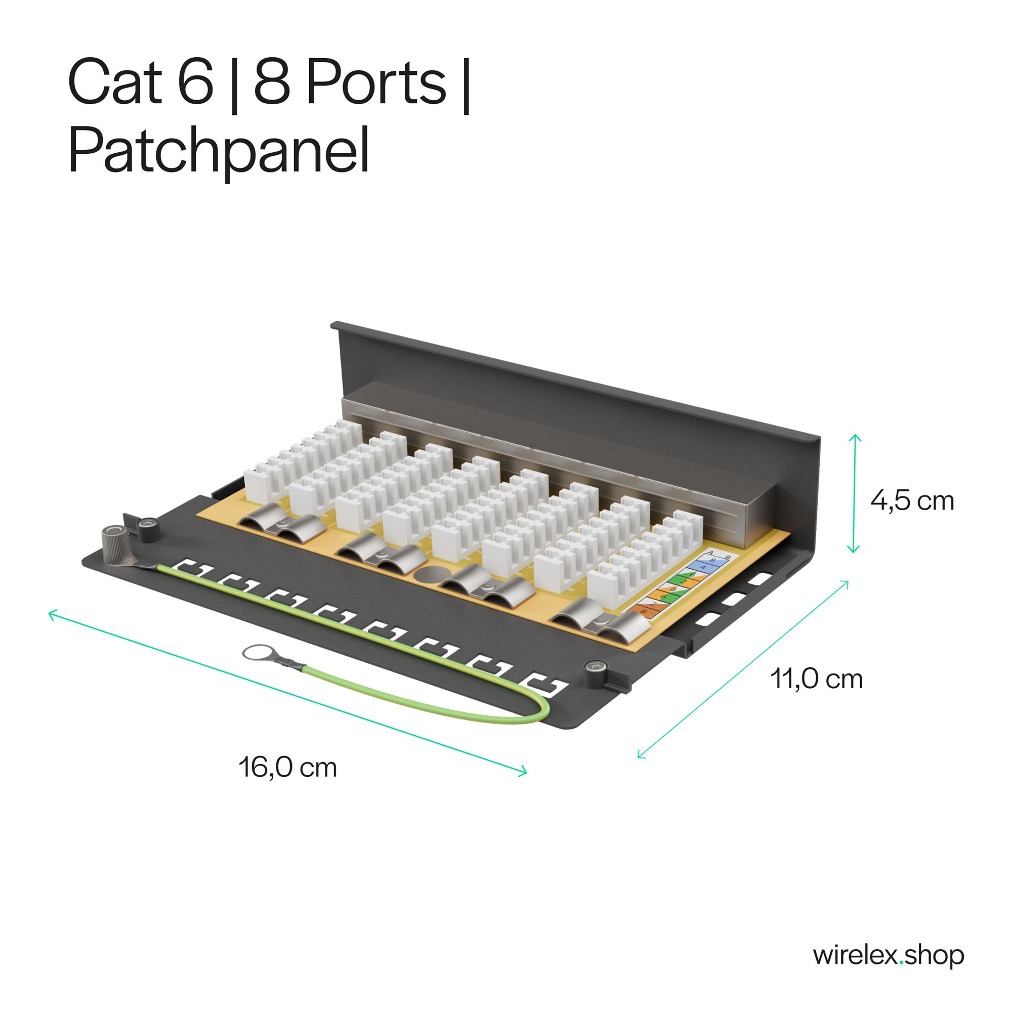 Cat 6 | 8 Ports | Patchpanel mit Maßen und grünem Kabel, weißer Hintergrund.