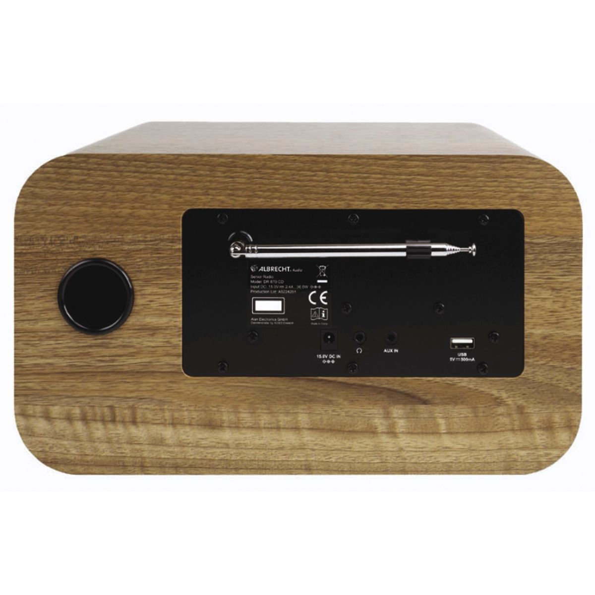 Ein Holzradio mit Lautsprecher, Antenne und verschiedenen Anschlüssen auf der Rückseite.