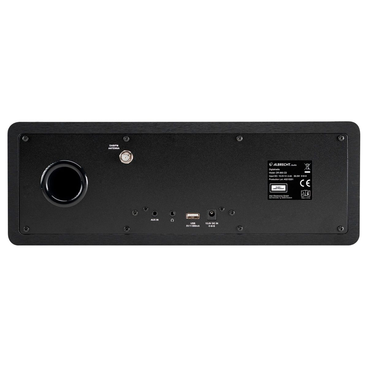 Tylny panel czarnego urządzenia audio z wejściem antenowym i portem USB.