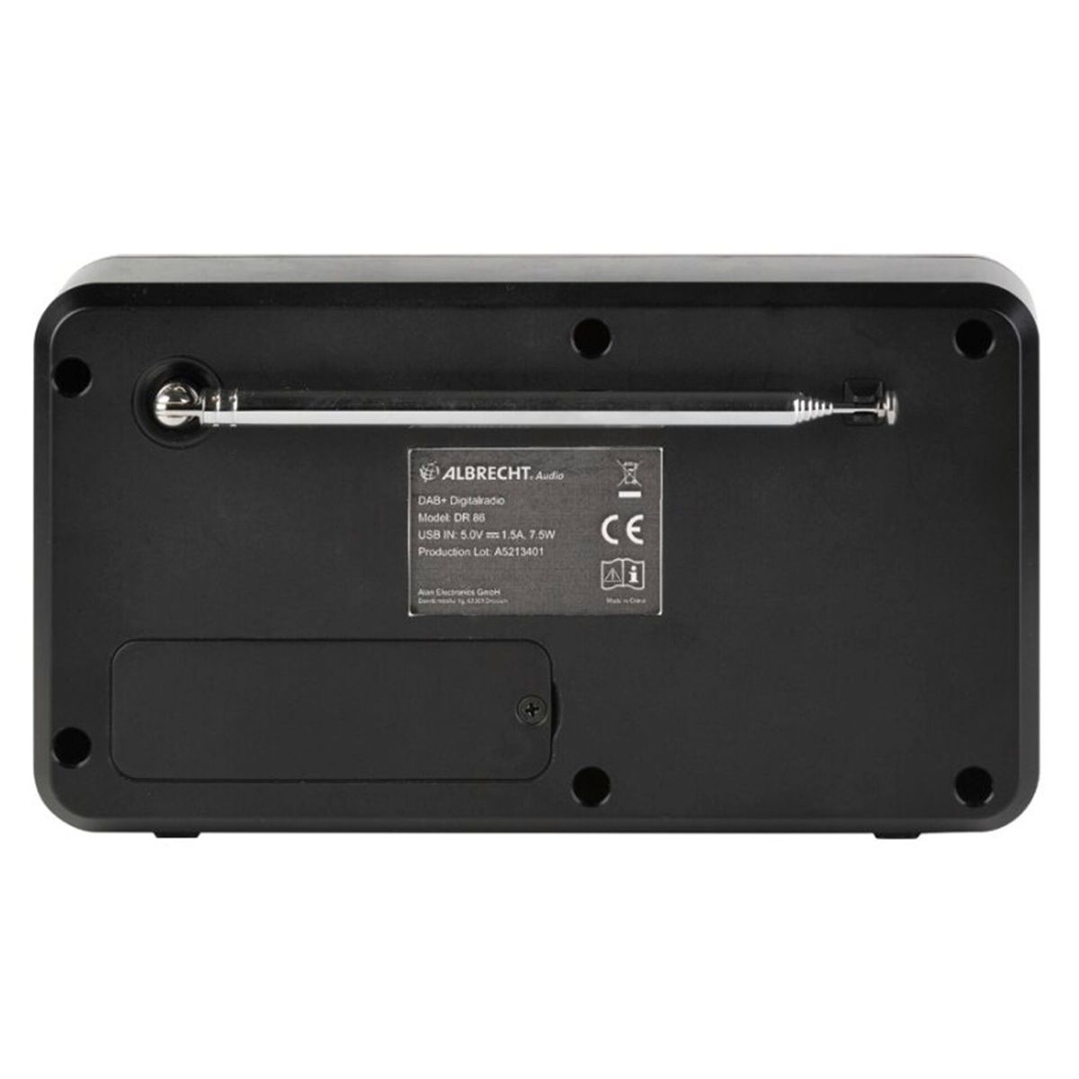 Tył czarnego radia cyfrowego z anteną i portami połączeniowymi. Tekst na tylnej obudowie zawiera informacje o modelu.