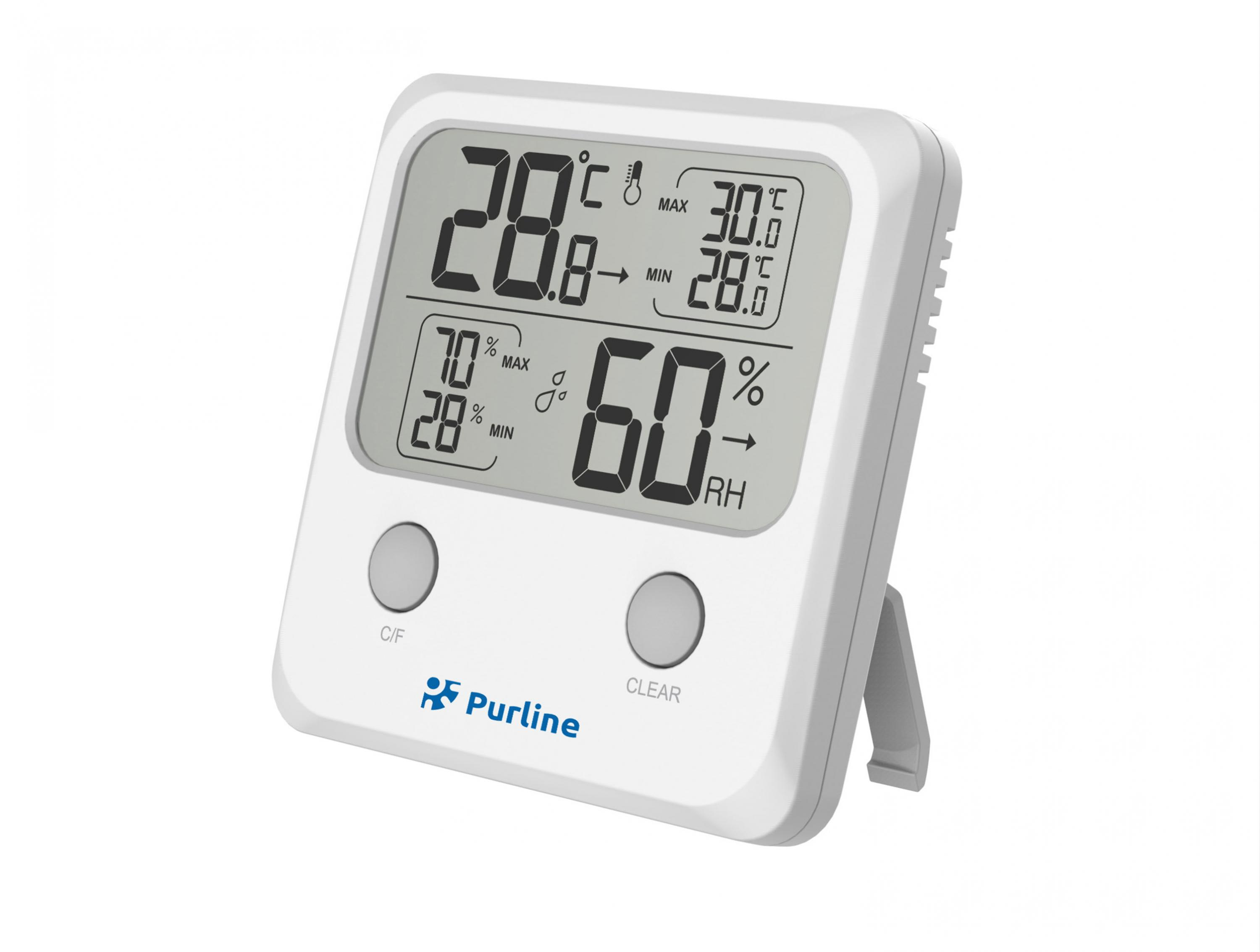 Un termómetro digital blanco que muestra lecturas de temperatura y humedad.