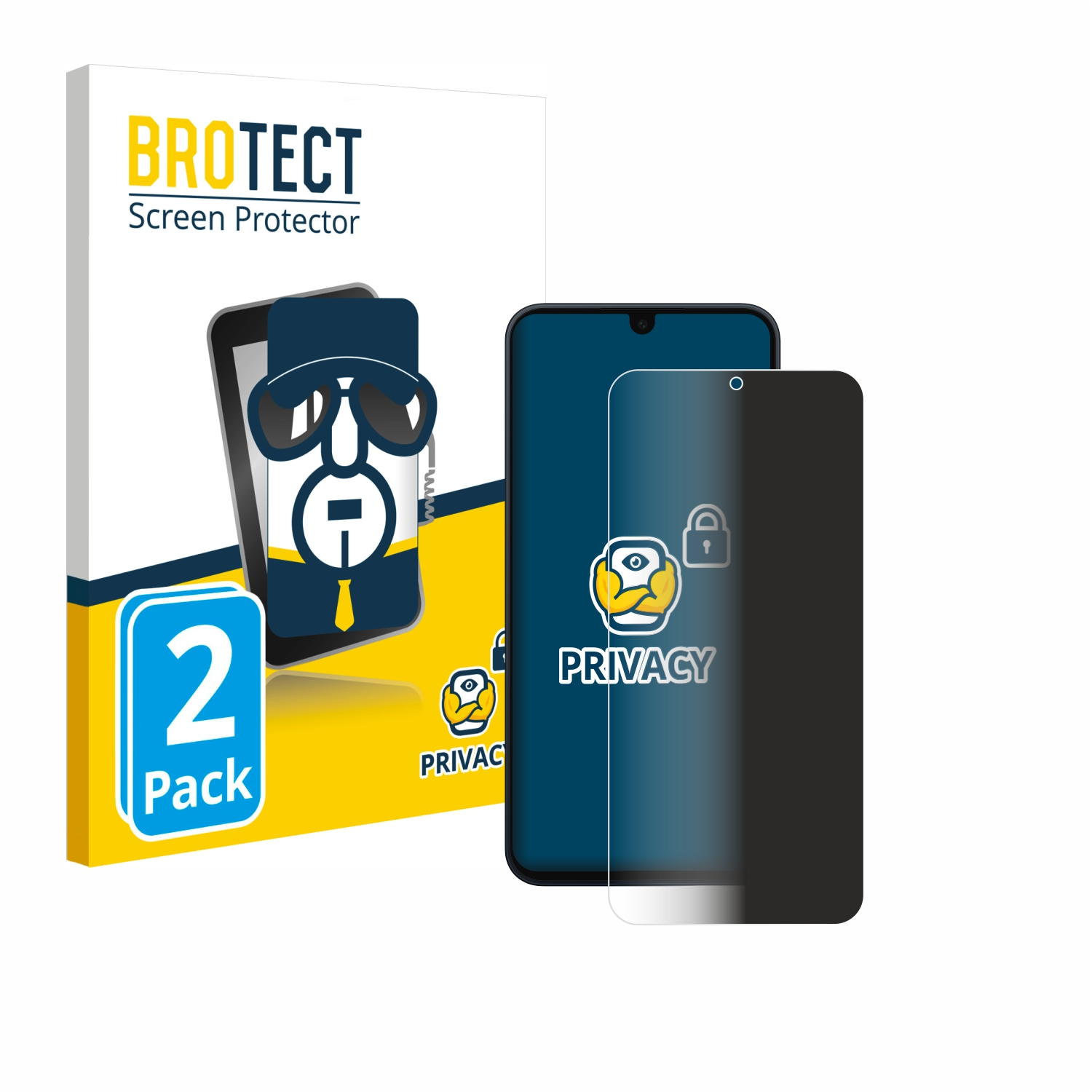 Zwei Smartphones mit Displayschutzfolien. Die Box ist weiß und blau, mit einer Cartoonfigur.