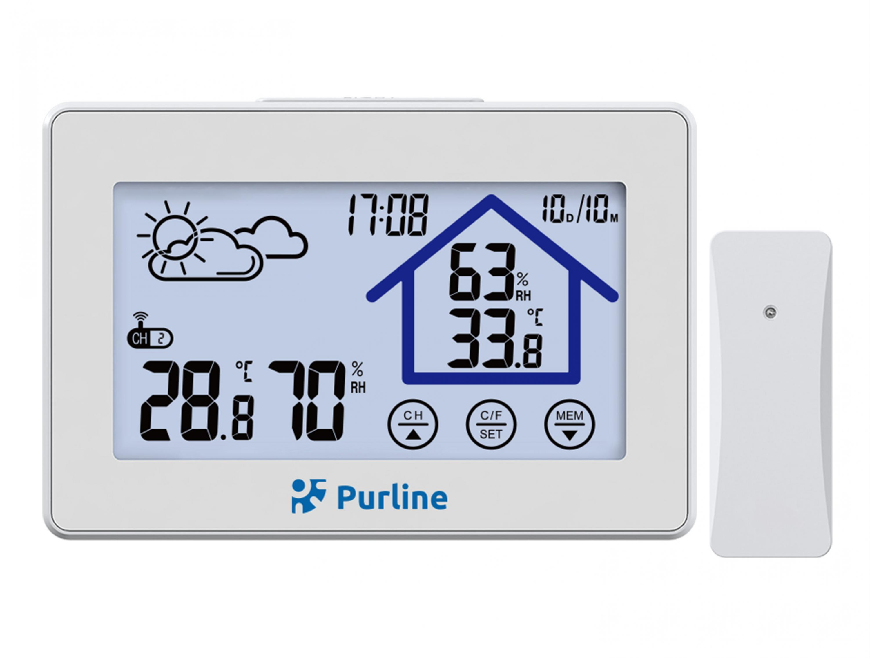 Weißes digitales Wetterstation mit Temperatur-, Feuchtigkeits- und Zeitanzeige. Kleiner drahtloser Sensor rechts.