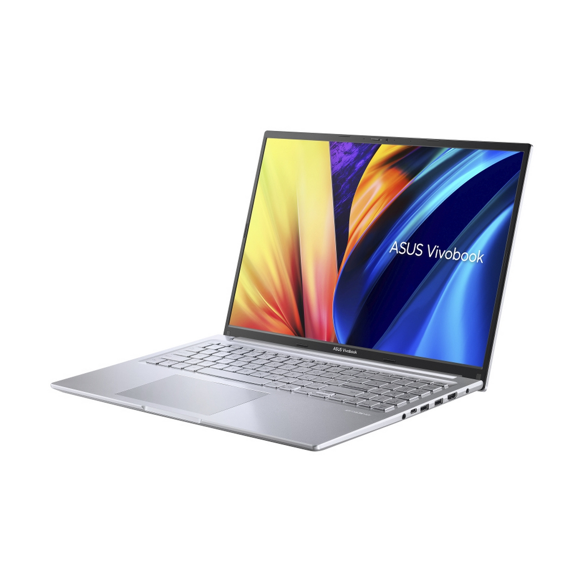 Laptop ASUS argentato, leggermente aperto ad angolo, che mostra lo schermo con uno sfondo colorato.