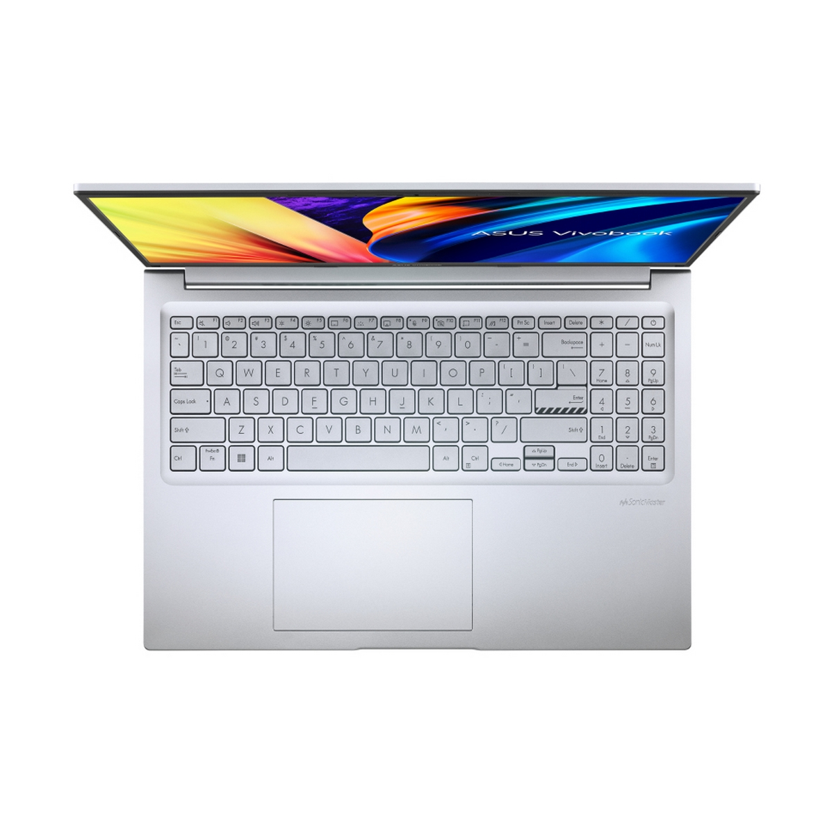 Laptop dall'alto, aperto con la tastiera visibile e uno schermo colorato.