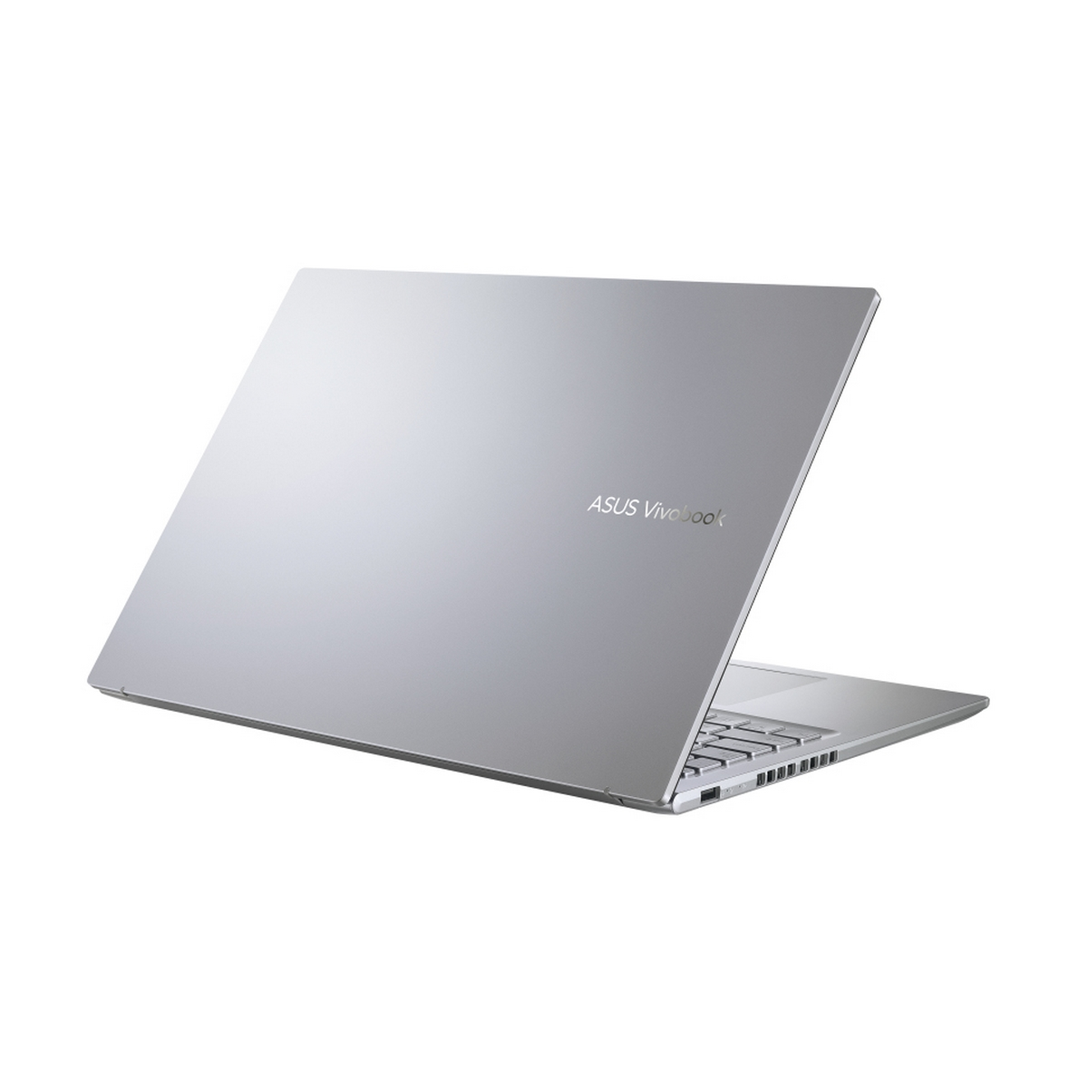 Un laptop ASUS VivoBook argentato, aperto, che mostra il retro e la tastiera.