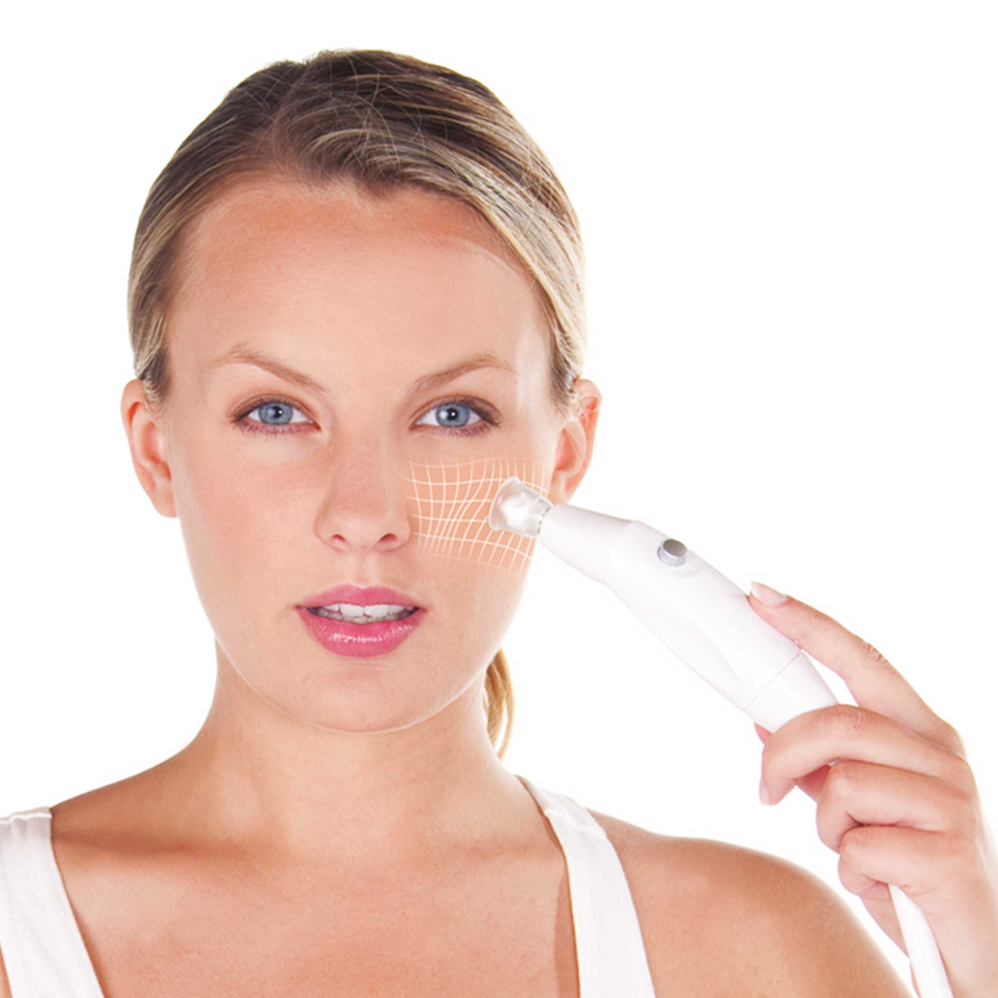 Woman using a white skin care device. It's near her face, with a grid overlay.