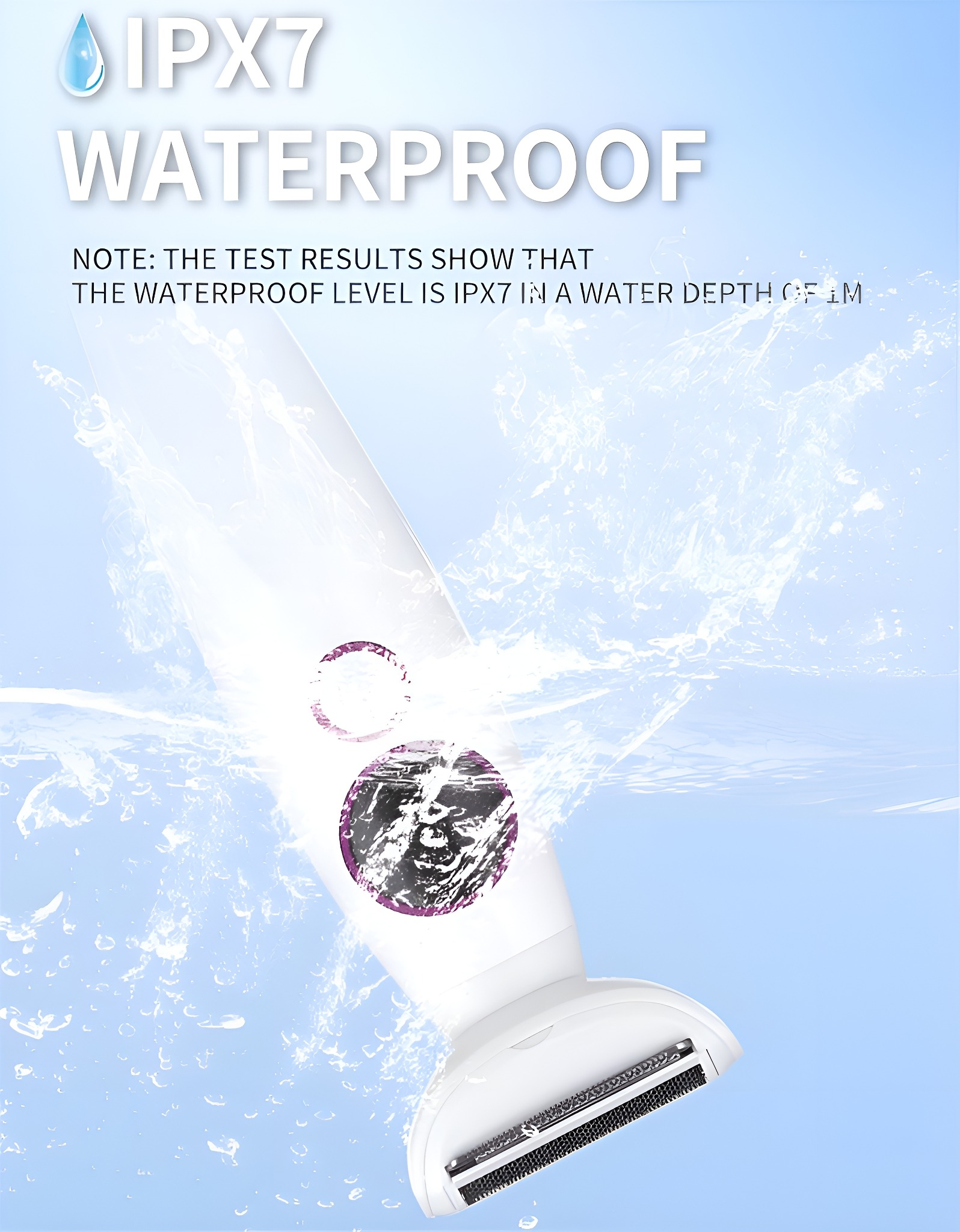 Ein weißer Elektrorasierer, der in Wasser mit Blasen untergetaucht ist, IPX7 wasserdicht.