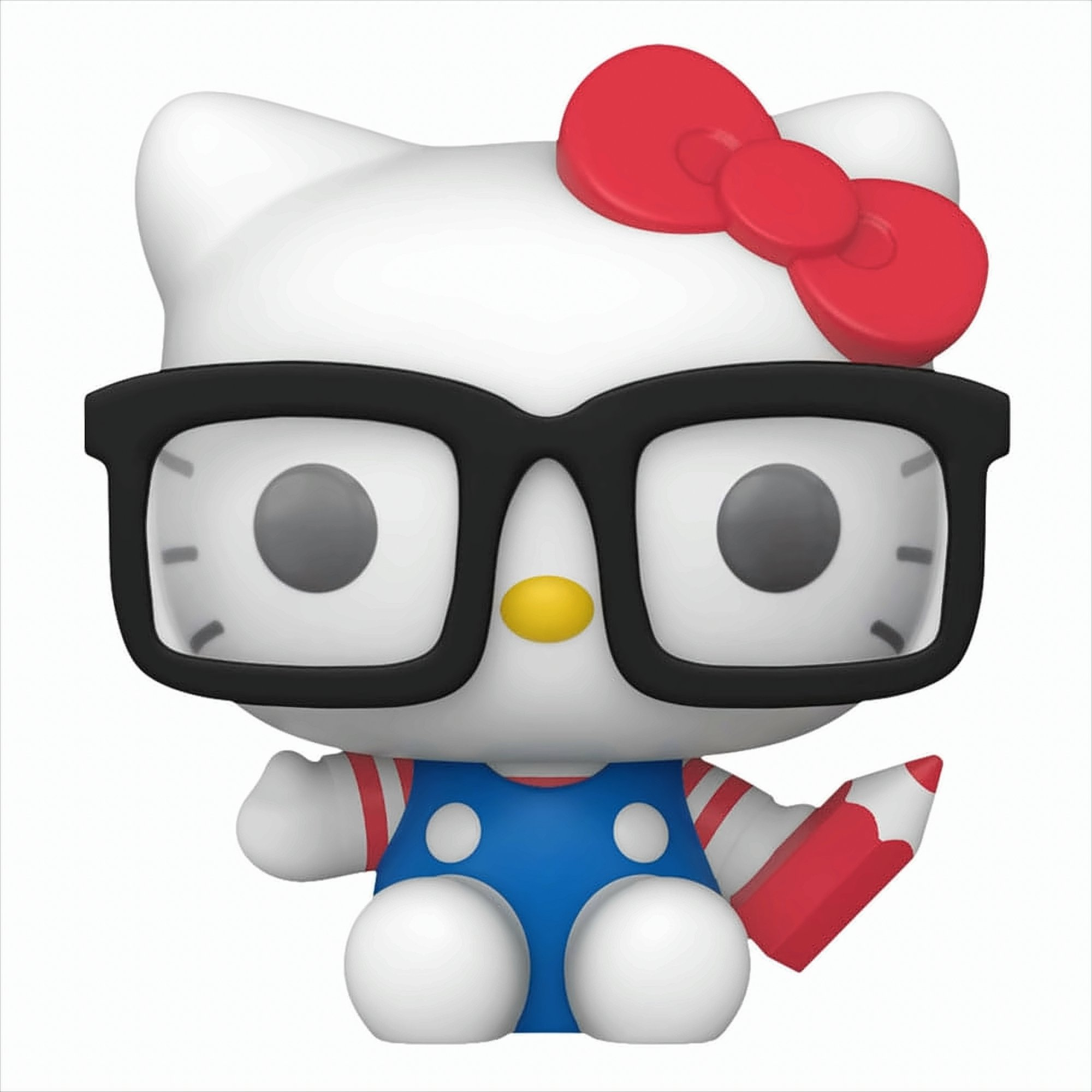 Hello Kitty Figur mit Brille und rotem Bleistift.