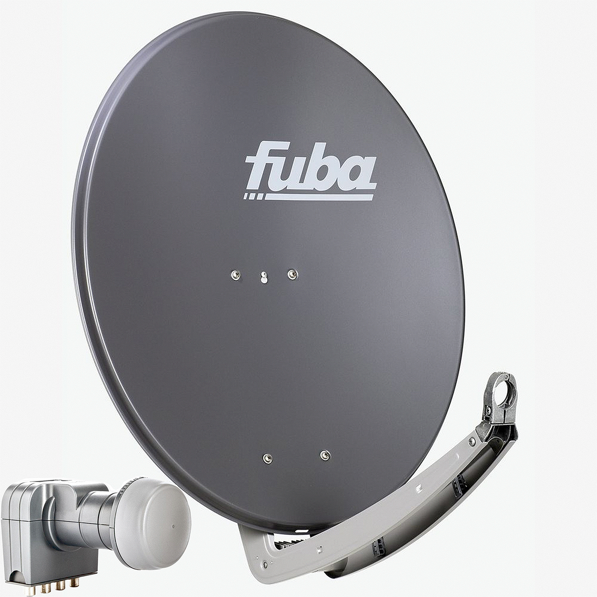 Eine Satellitenschüssel mit Halterung und LNB auf weißem Hintergrund.