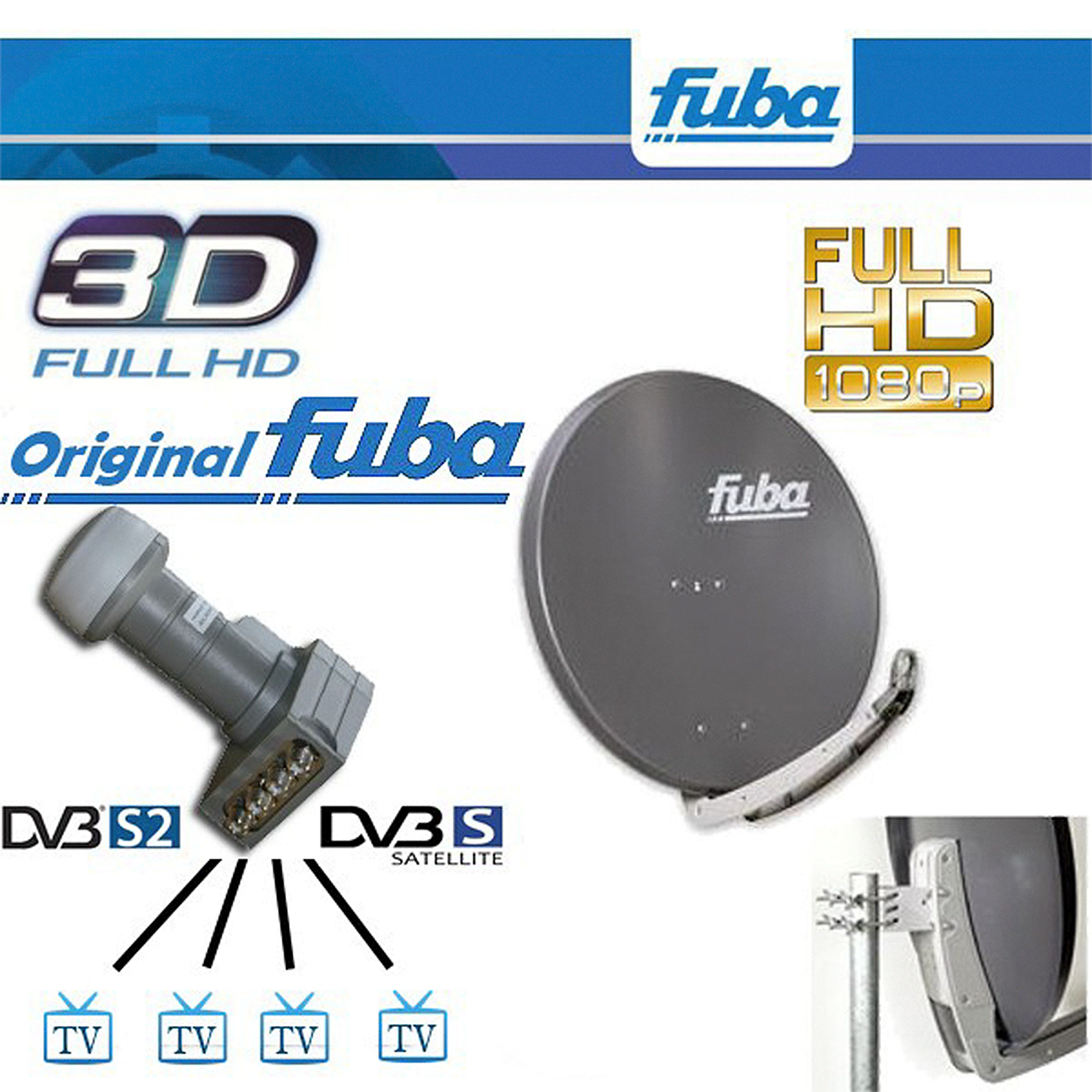 Graue Satellitenschüssel mit Empfänger und dem Fuba-Logo.