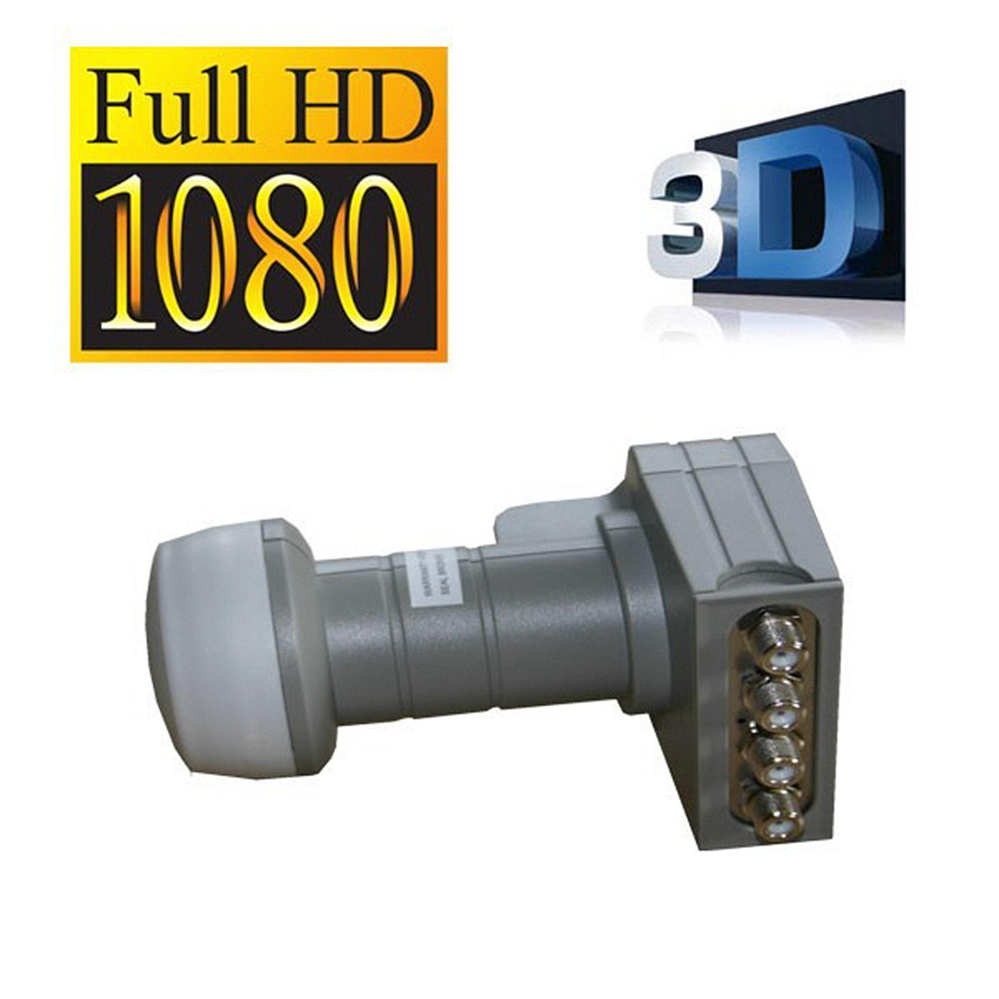 Ein Satellitenempfänger mit Full HD- und 3D-Logos auf weißem Hintergrund.