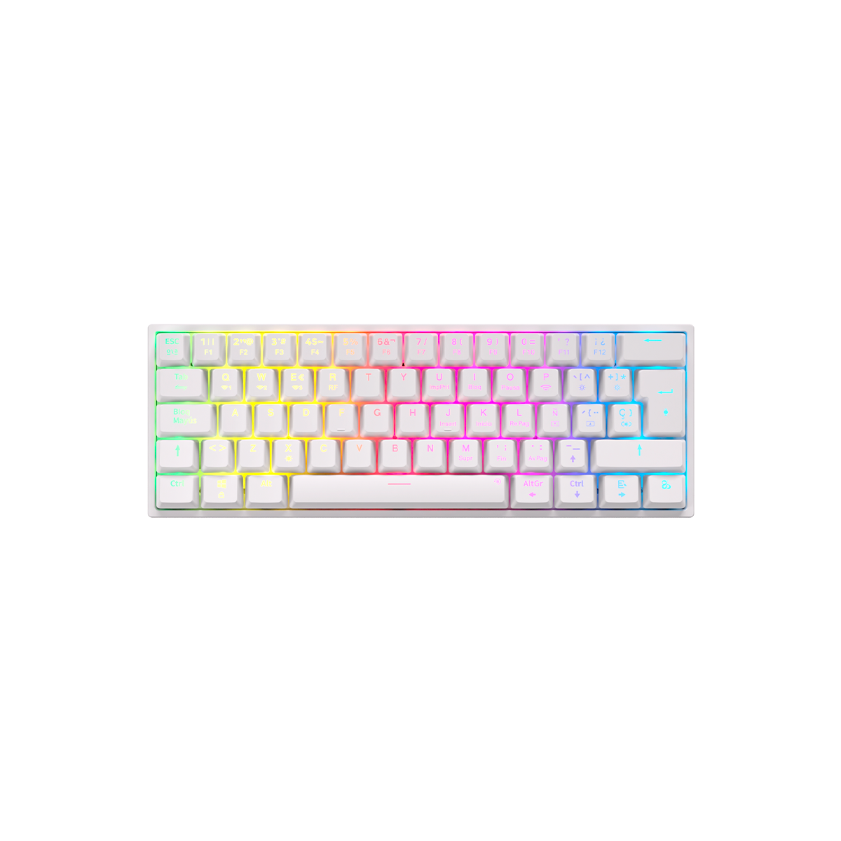 Teclado blanco compacto con teclas arcoíris, vista superior. Fondo negro, diseño minimalista.