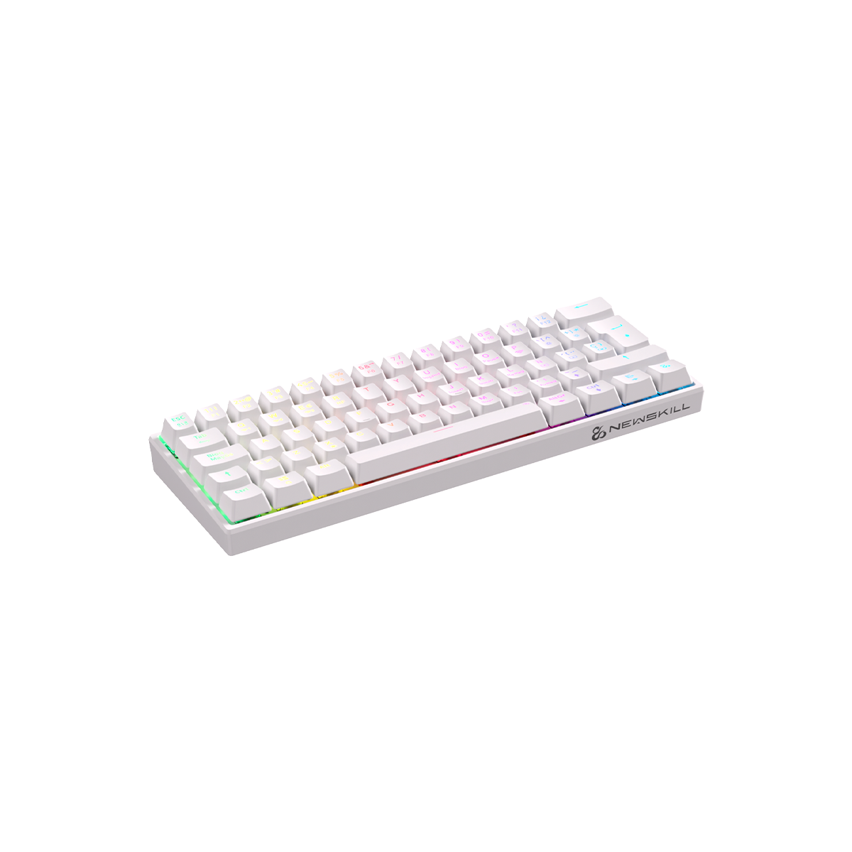 Un teclado mecánico Newskill blanco con iluminación RGB. El fondo es negro.