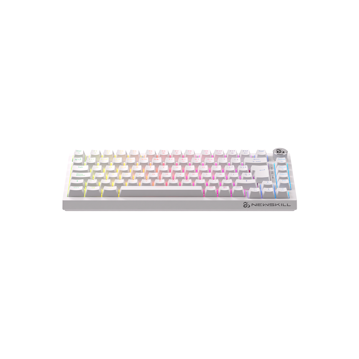 Teclado gaming blanco con teclas retroiluminadas, logo y cable USB.