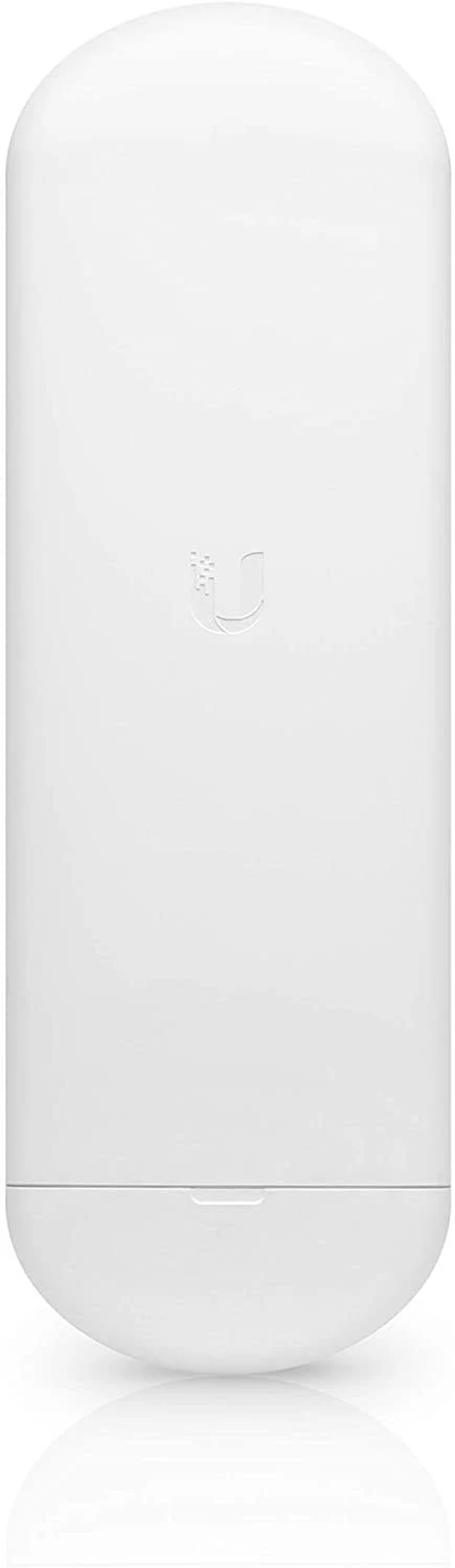Białe podłużne urządzenie bezprzewodowe z zaokrąglonymi końcami, logo i białym tłem.
