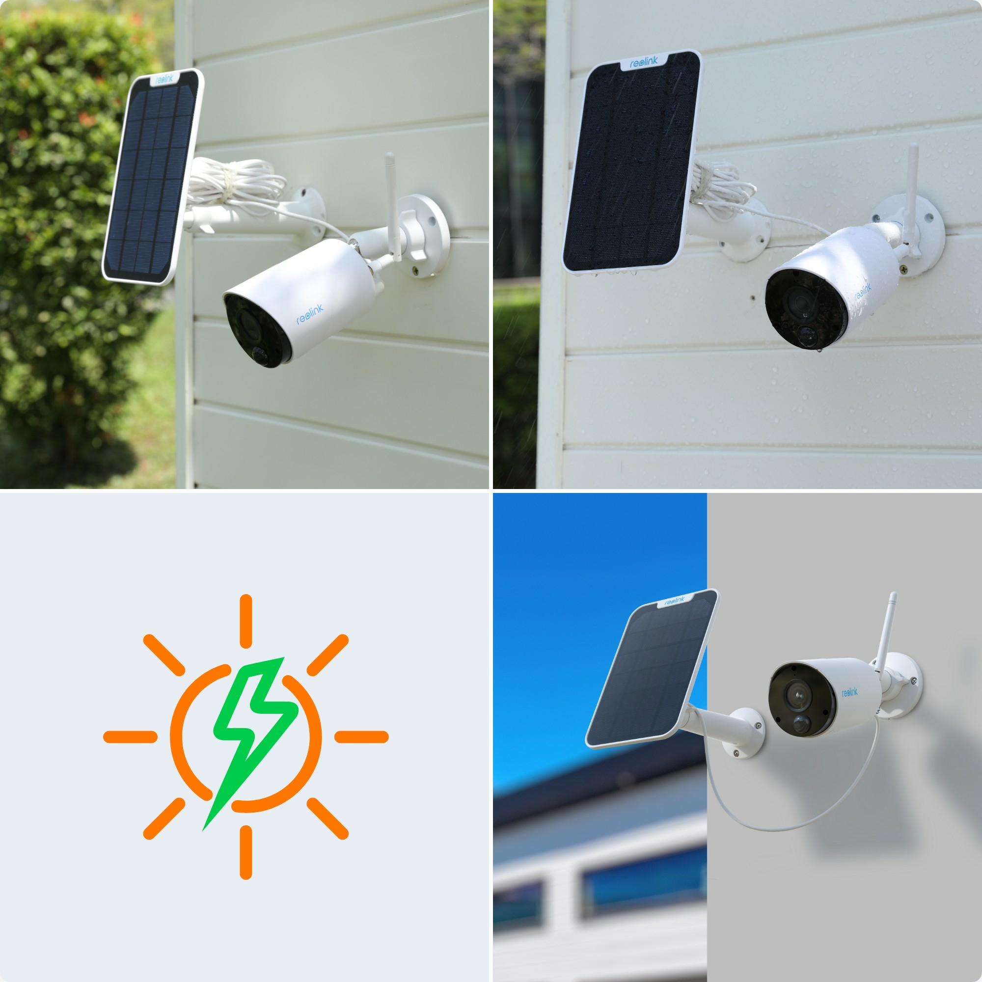 Wiele zdjęć kamer bezpieczeństwa. Jeden pokazuje kamerę z panelem słonecznym.
