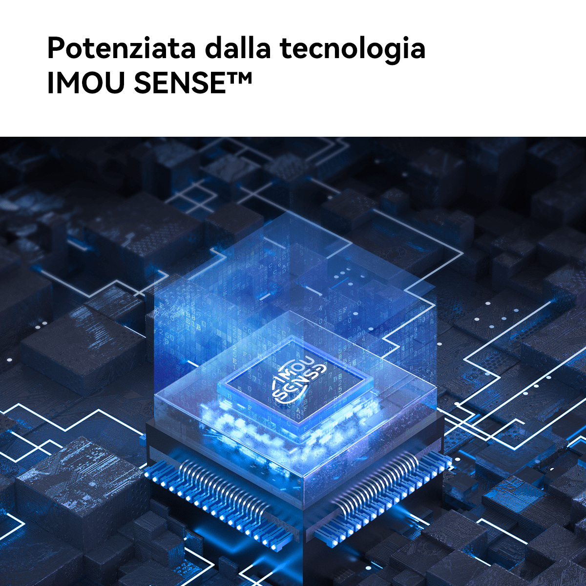 Cyfrowa płytka obwodu z tekstem 'IMOU SENSE' na niebieskim chipie.