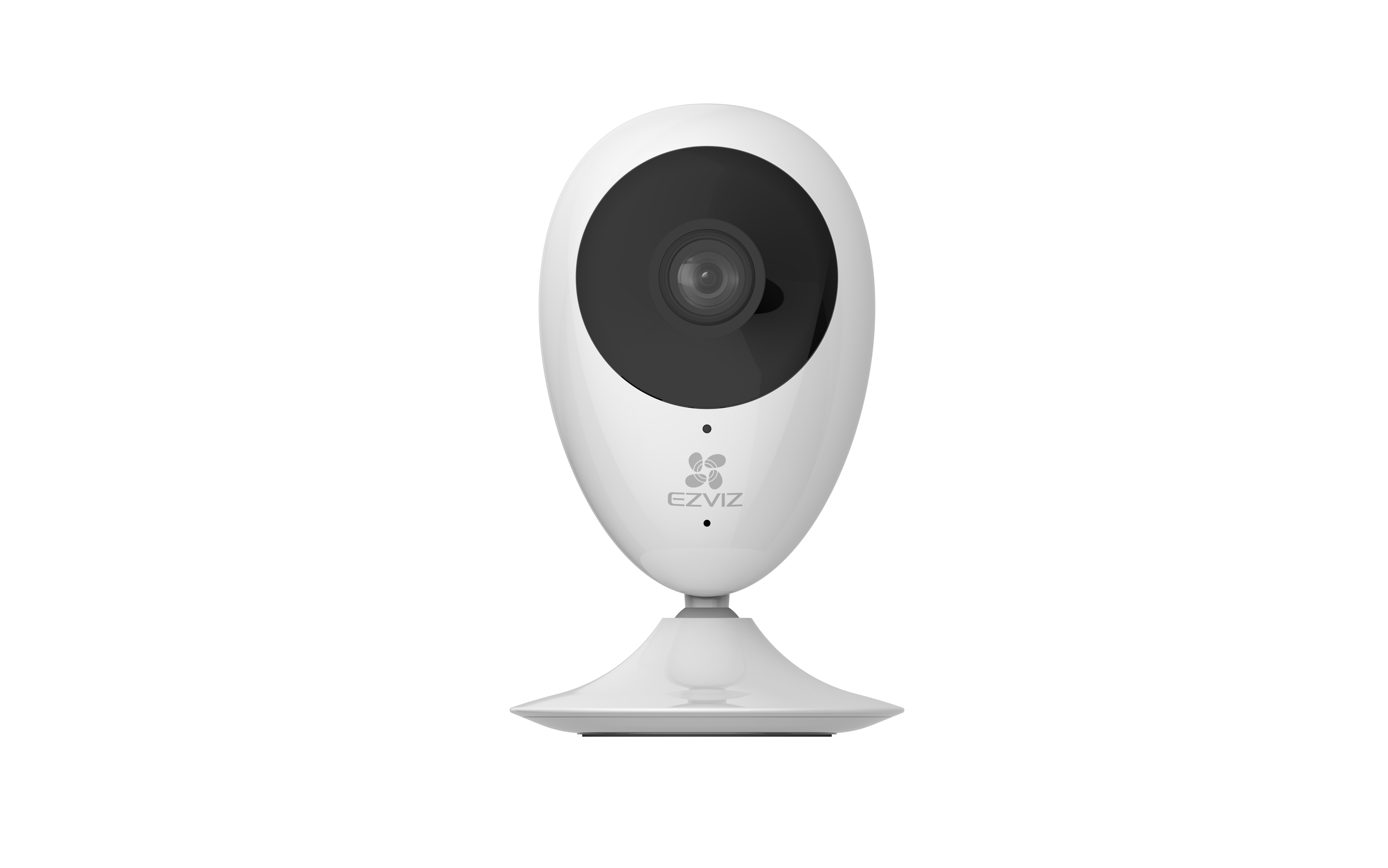 Una telecamera di sicurezza EZVIZ bianca su una superficie bianca.