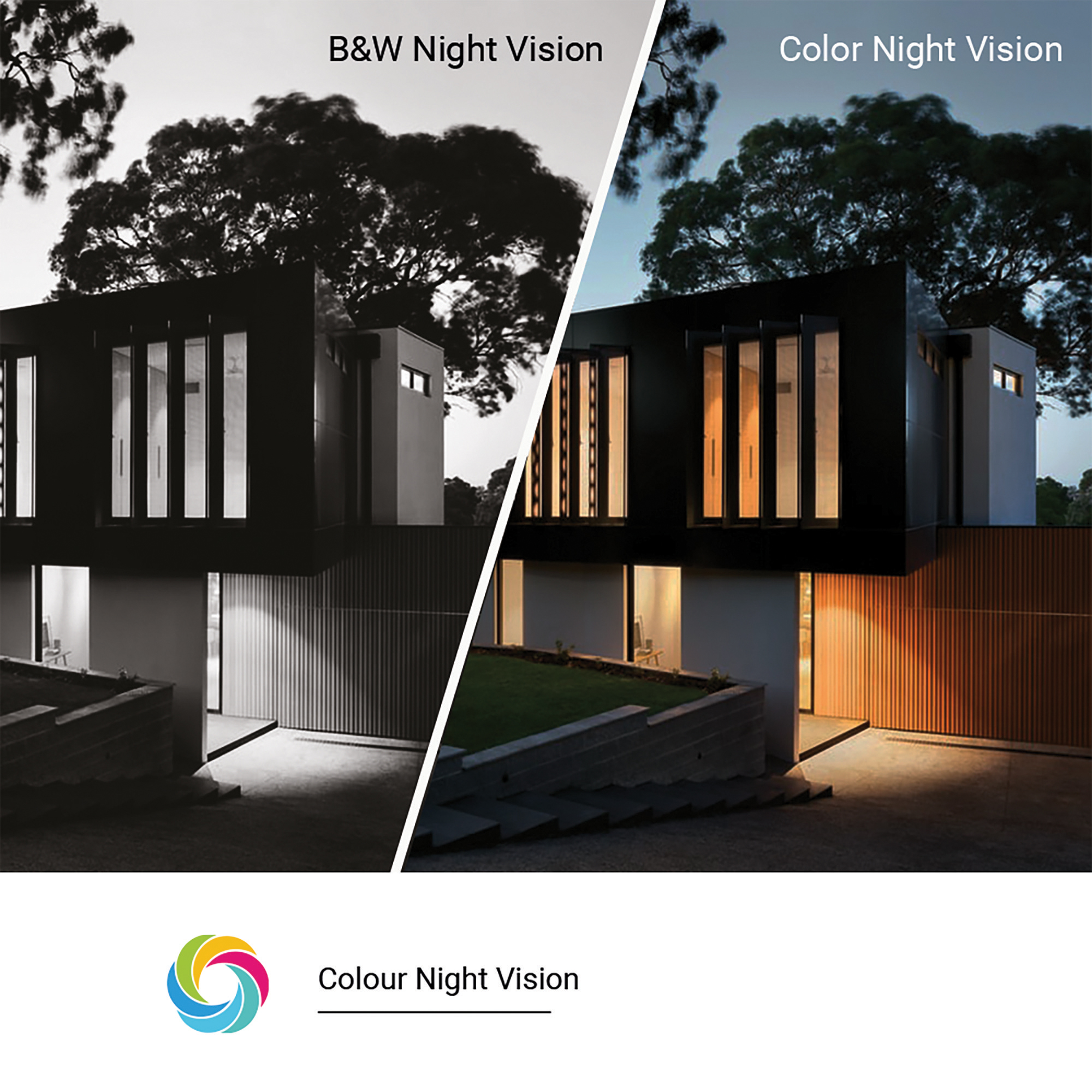 Porównanie widzenia nocnego domu, czarno-białe vs kolor, z logo.