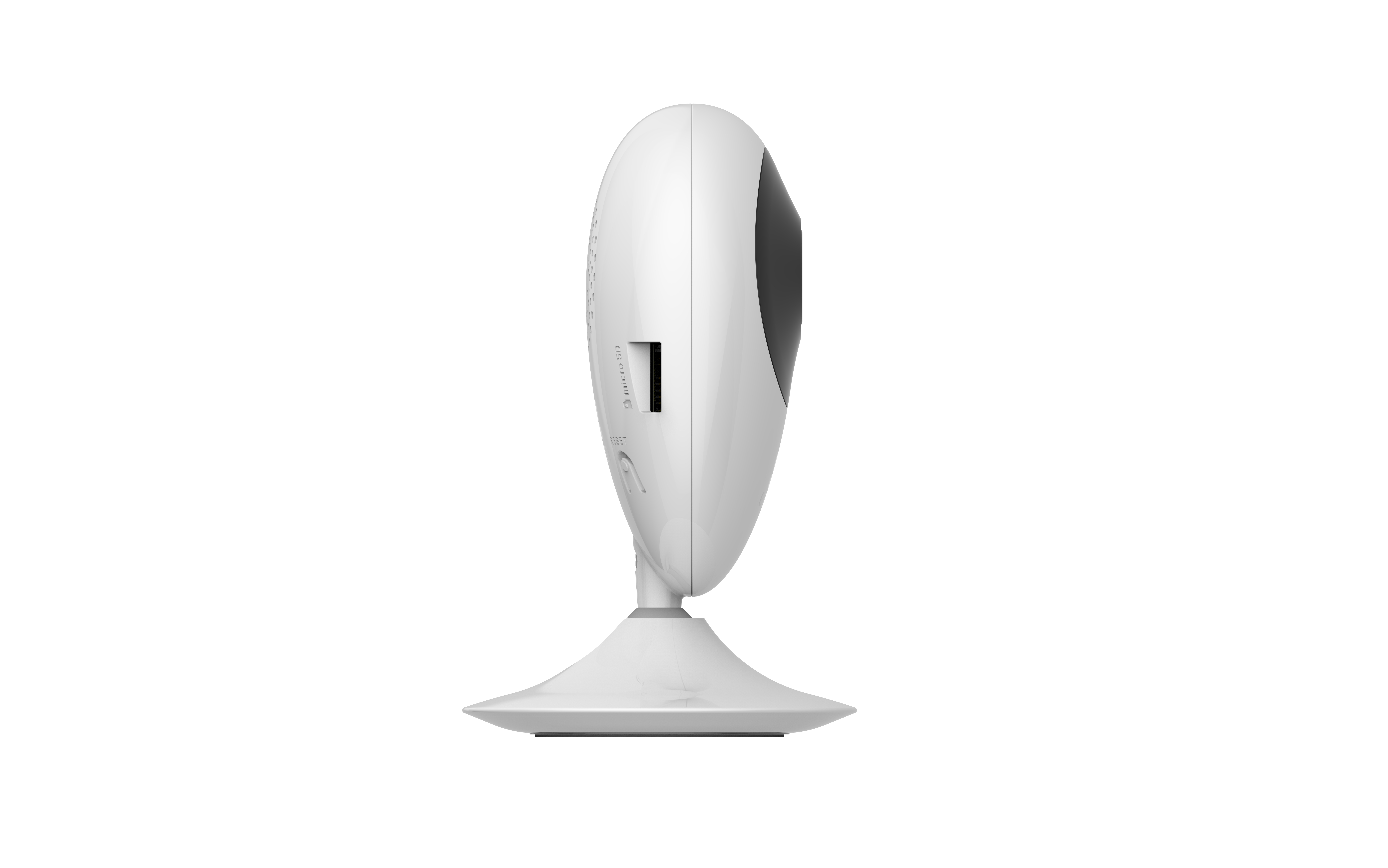 Telecamera di sicurezza bianca su un supporto bianco. La telecamera è su sfondo bianco.