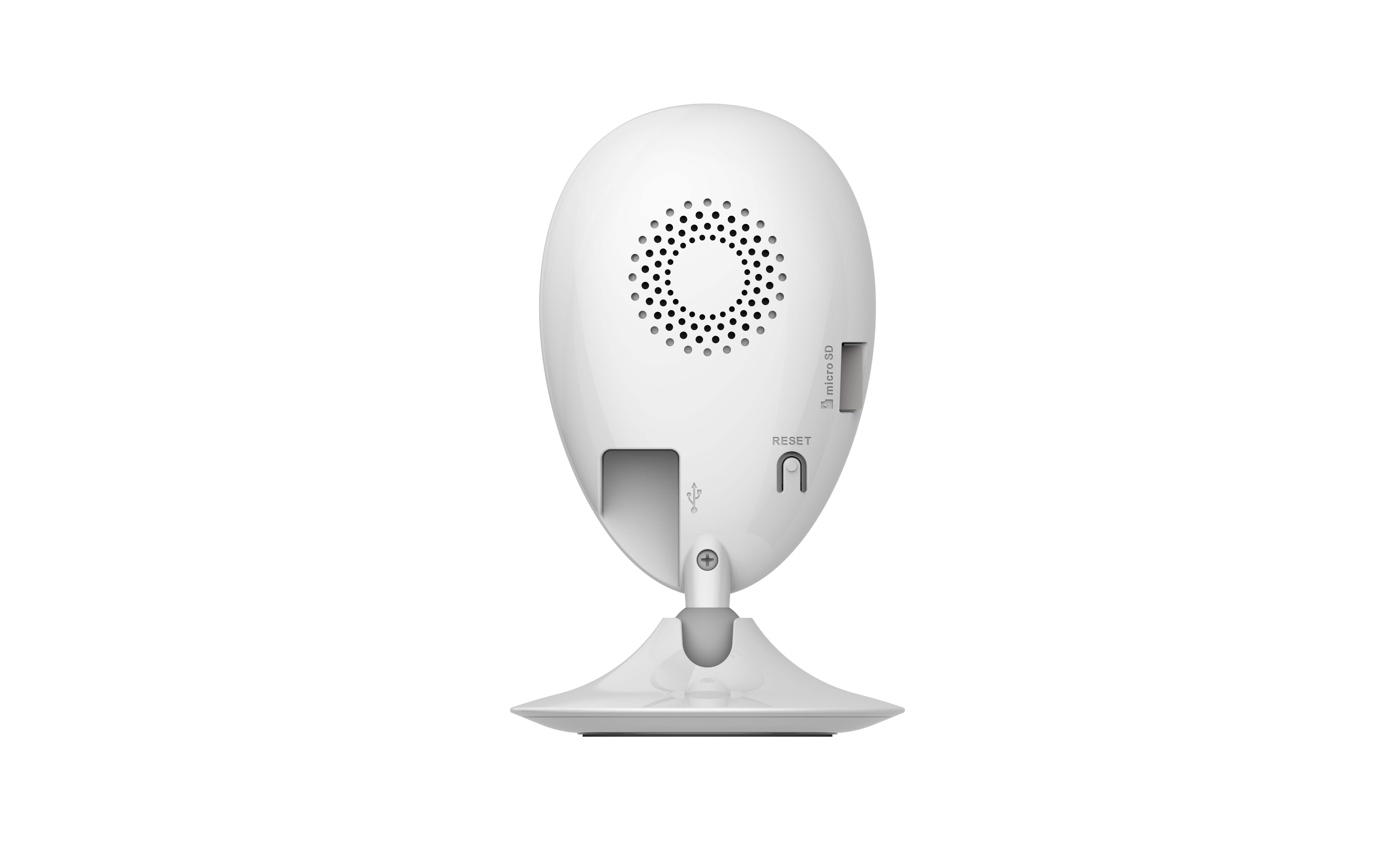 Telecamera di sicurezza bianca, vista posteriore, con altoparlante, pulsante di ripristino e slot micro SD.