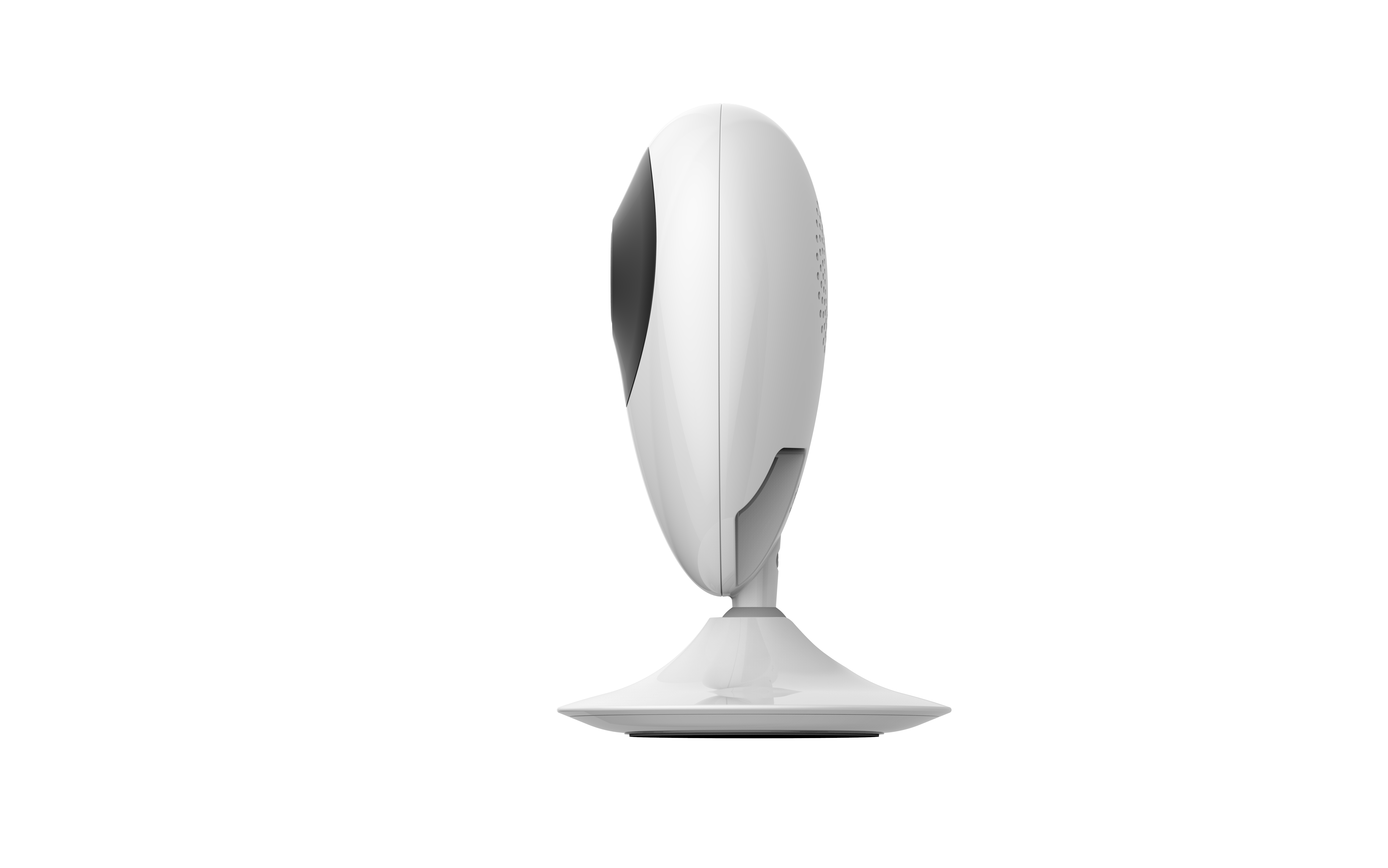 Una telecamera di sicurezza bianca con lente nera, su supporto bianco, su sfondo bianco.