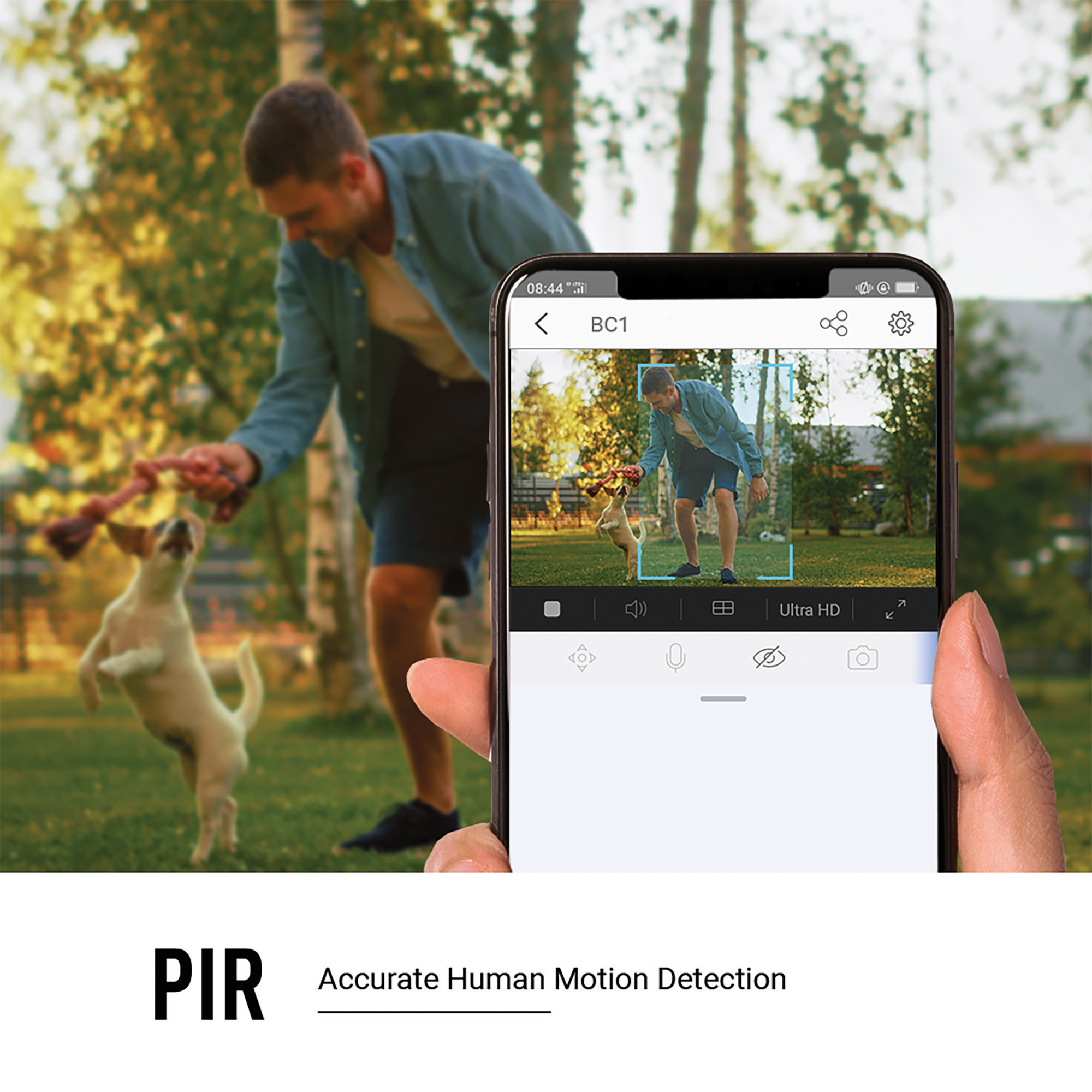 Telefon wyświetla bawiącego się psa. Mężczyzna rzuca zabawkę, a pies skacze.