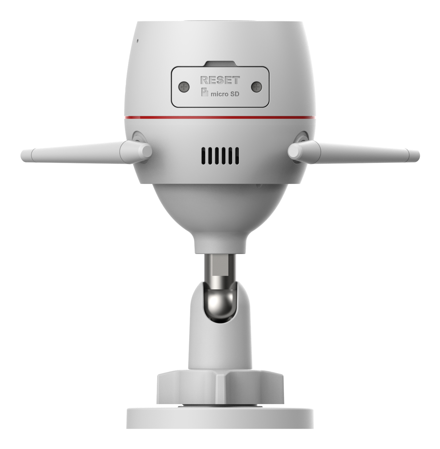 Zbliżenie białej kamery bezpieczeństwa z podstawą montażową, przyciskiem reset i gniazdem micro SD.