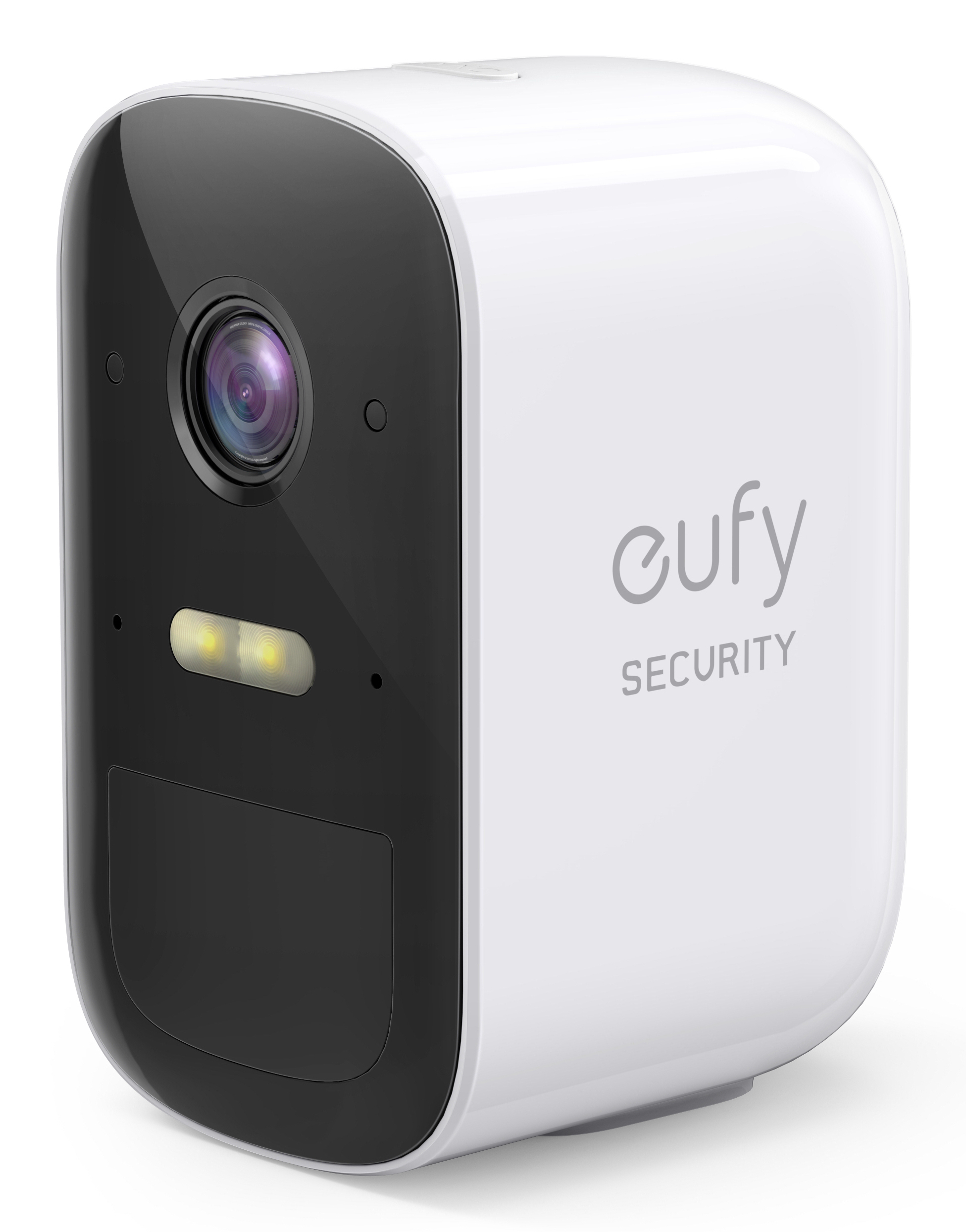 Una telecamera di sicurezza bianca e nera con un obiettivo, una luce e il marchio 'eufy'.