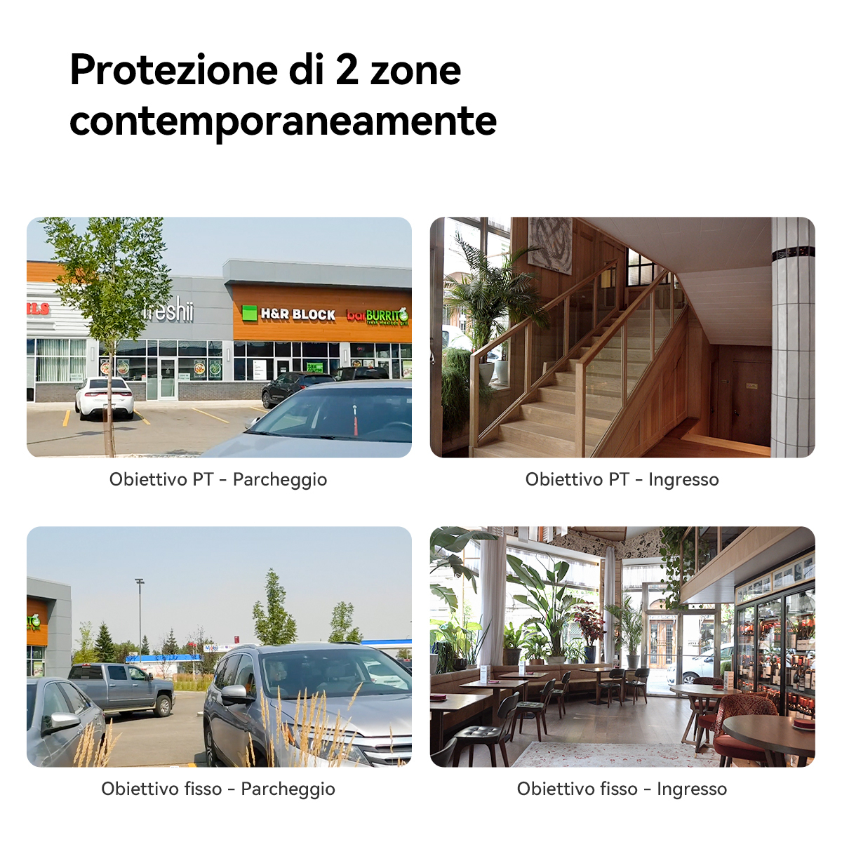 Cztery zdjęcia przedstawiające widoki zewnętrzne i wewnętrzne budynków, z tekstem po włosku.