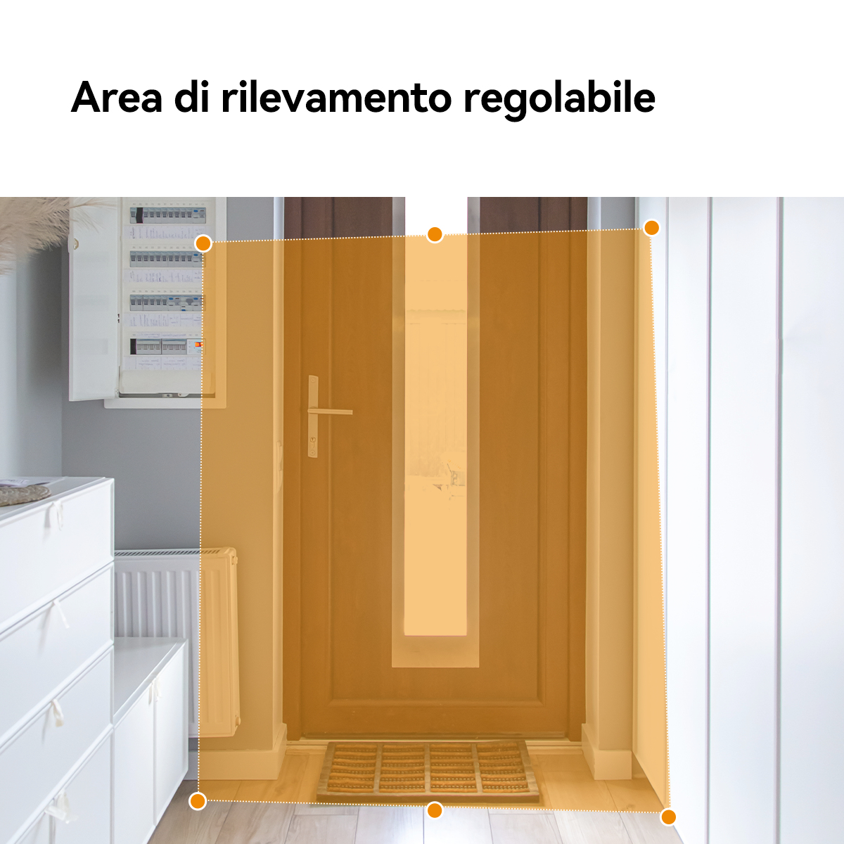 Scatto interno di una porta con un'area evidenziata, che indica il rilevamento regolabile.