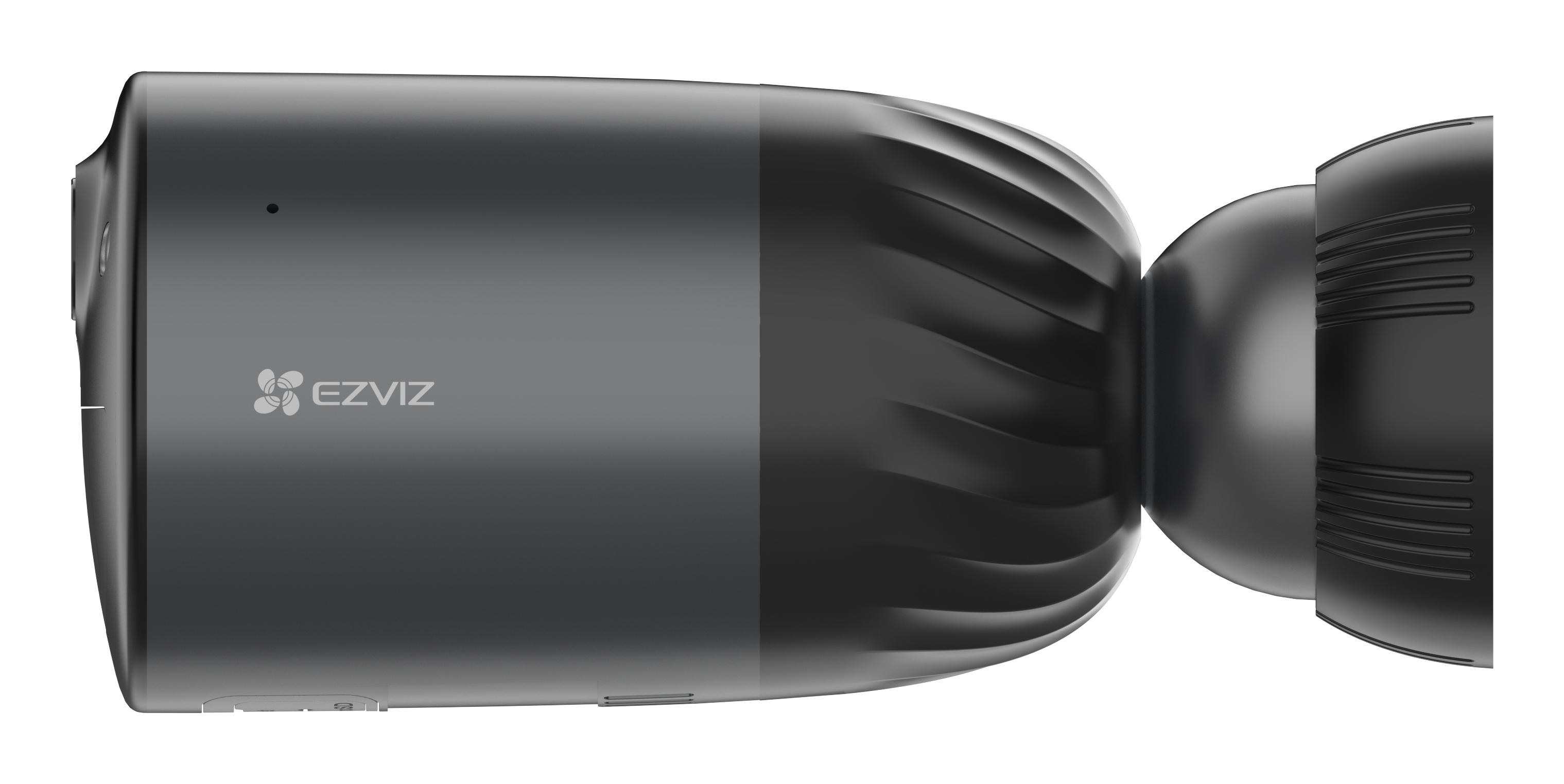 Widok z boku czarnej kamery bezpieczeństwa z logo EZVIZ, cylindrycznym korpusem i kulistym zakończeniem.
