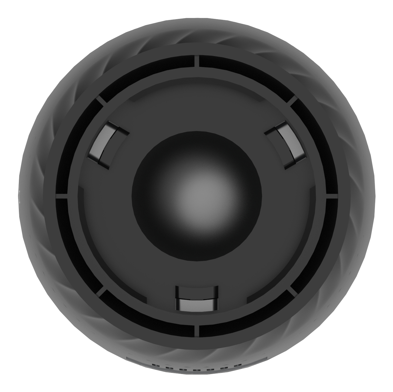 Widok od spodu czarnego głośnika z żebrowanym zewnętrzem i czarnym centralnym dyskiem.