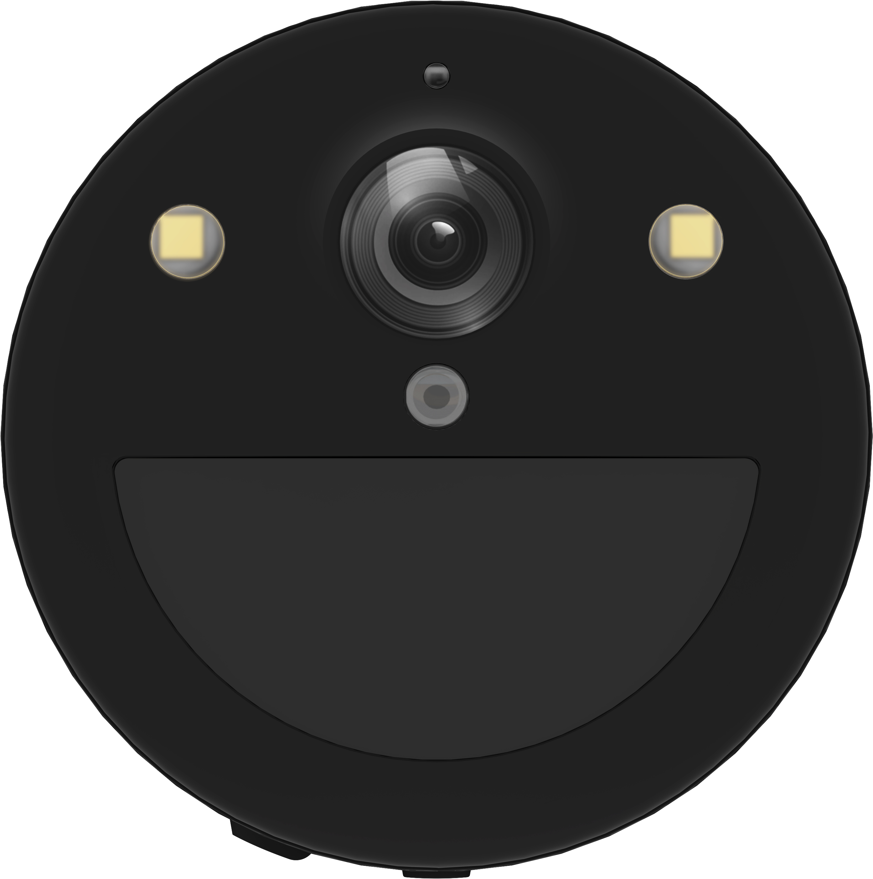 Czarna kamera bezpieczeństwa z obiektywem, światłami i małym, okrągłym otworem.