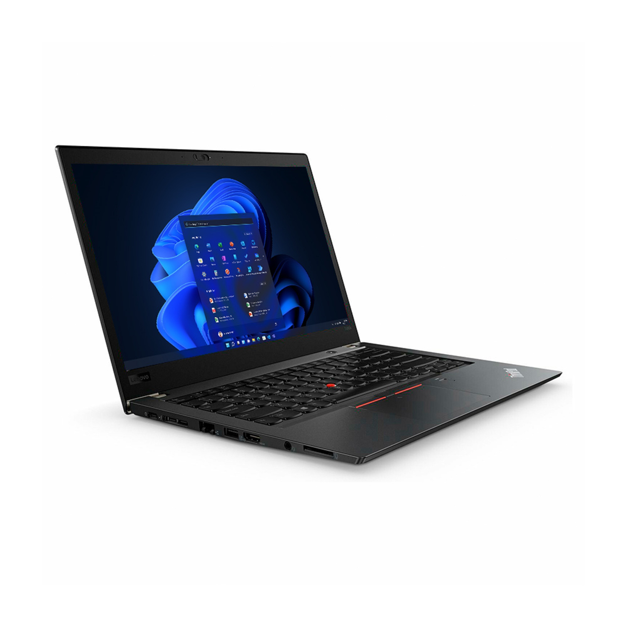 Schwarzer Laptop auf weißer Oberfläche, Bildschirm geöffnet, Windows-Oberfläche. Seitenansicht.