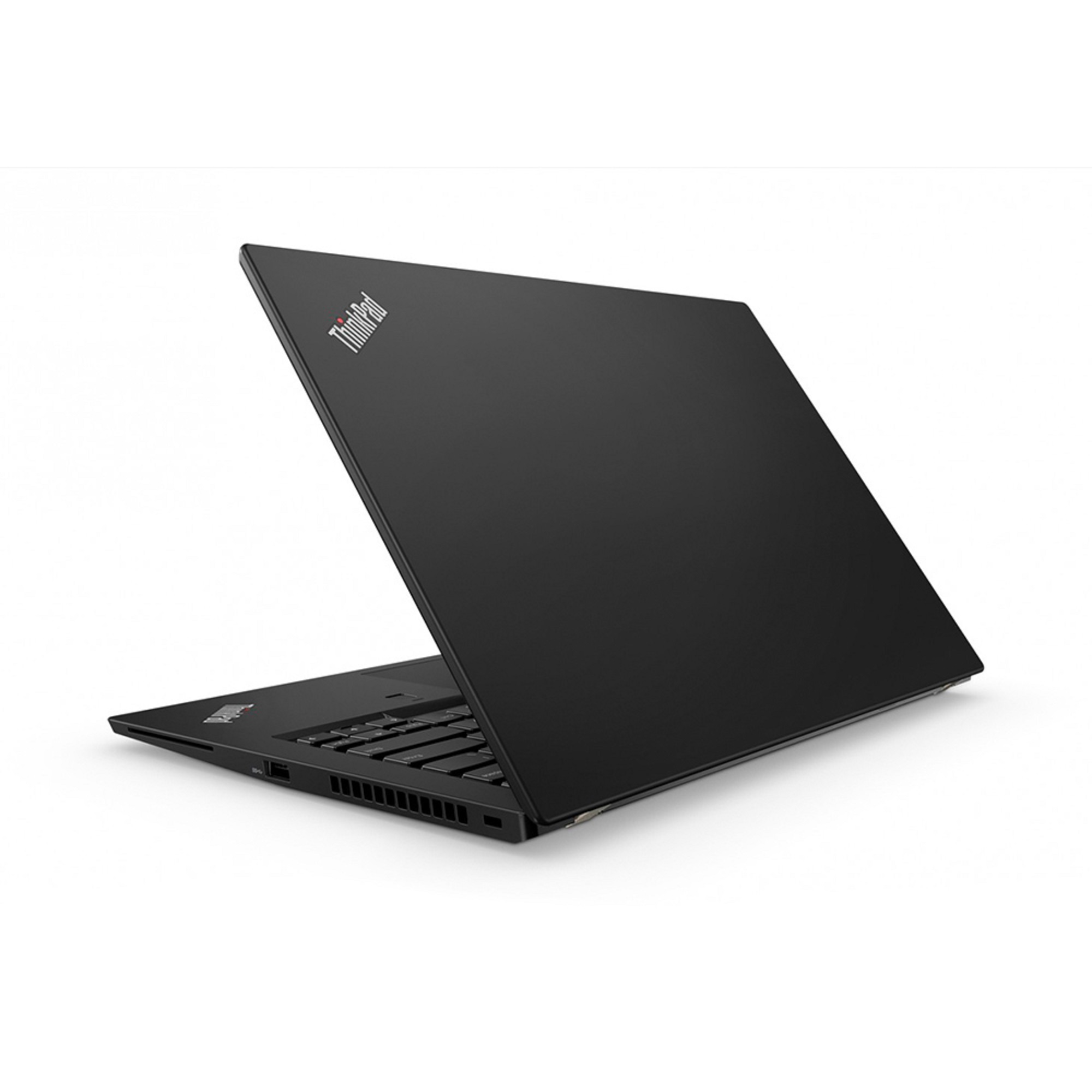 Schwarzer Laptop mit offenem Deckel, ThinkPad-Logo. Weißer Hintergrund.
