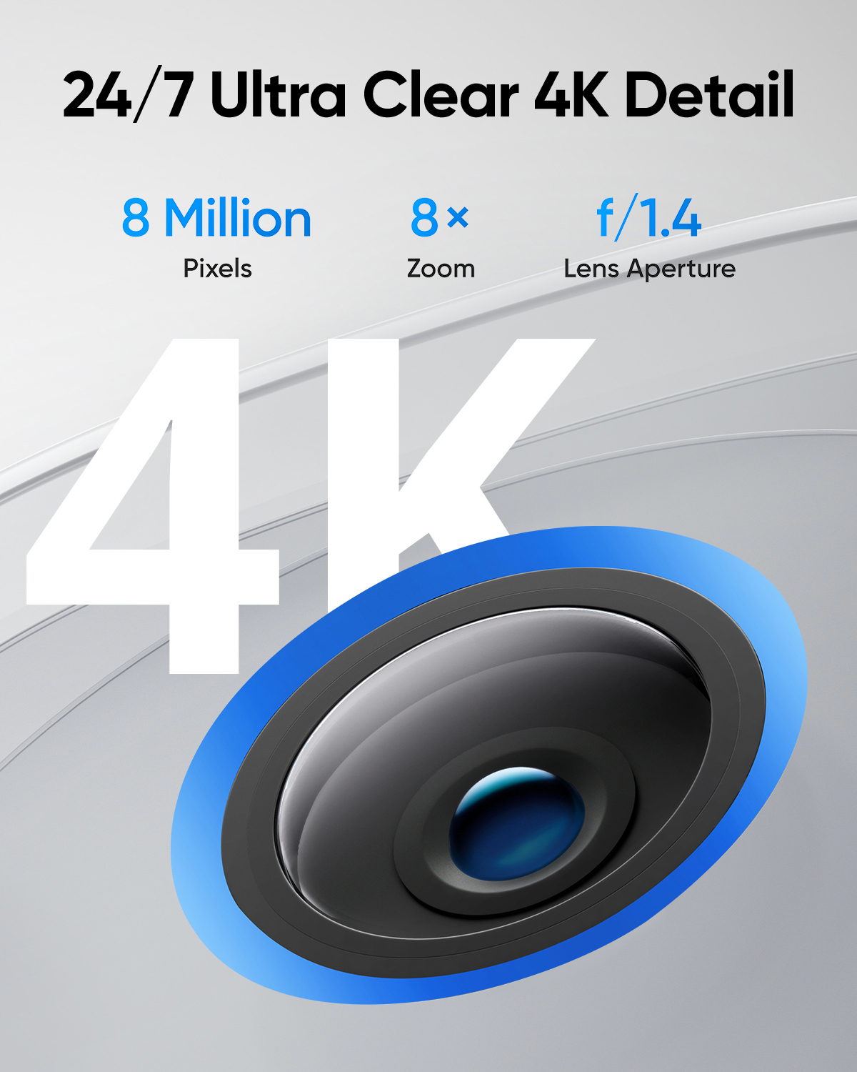 Zbliżenie obiektywu aparatu z tekstem: 8 Milionów Pikseli, 8x Zoom, f/1.4.