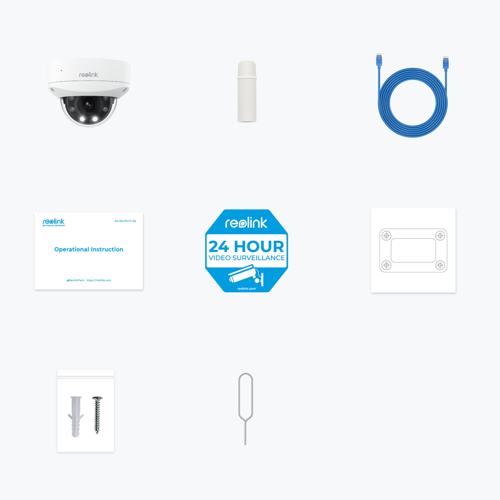 Elementy kamery bezpieczeństwa: kamera, kabel, płyta montażowa, instrukcja, pudełko, śruba, narzędzie.