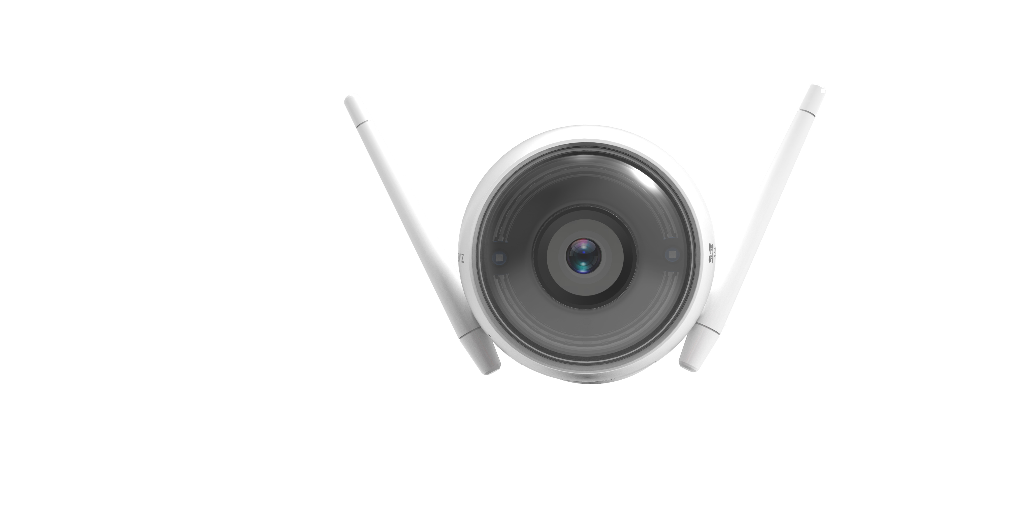 Telecamera di sicurezza bianca con due antenne. La telecamera ha un obiettivo circolare e un corpo bianco.