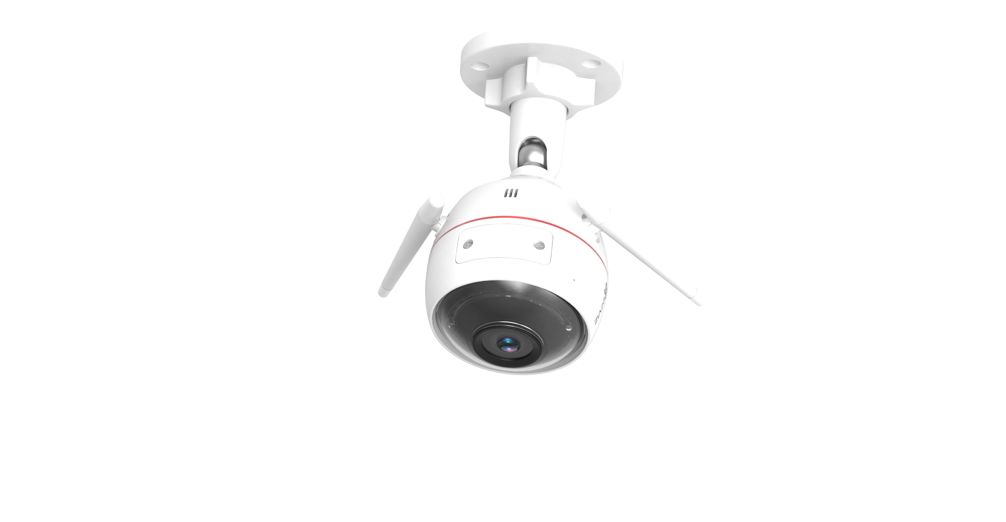 Una telecamera di sicurezza montata a soffitto con due antenne e una striscia rossa.