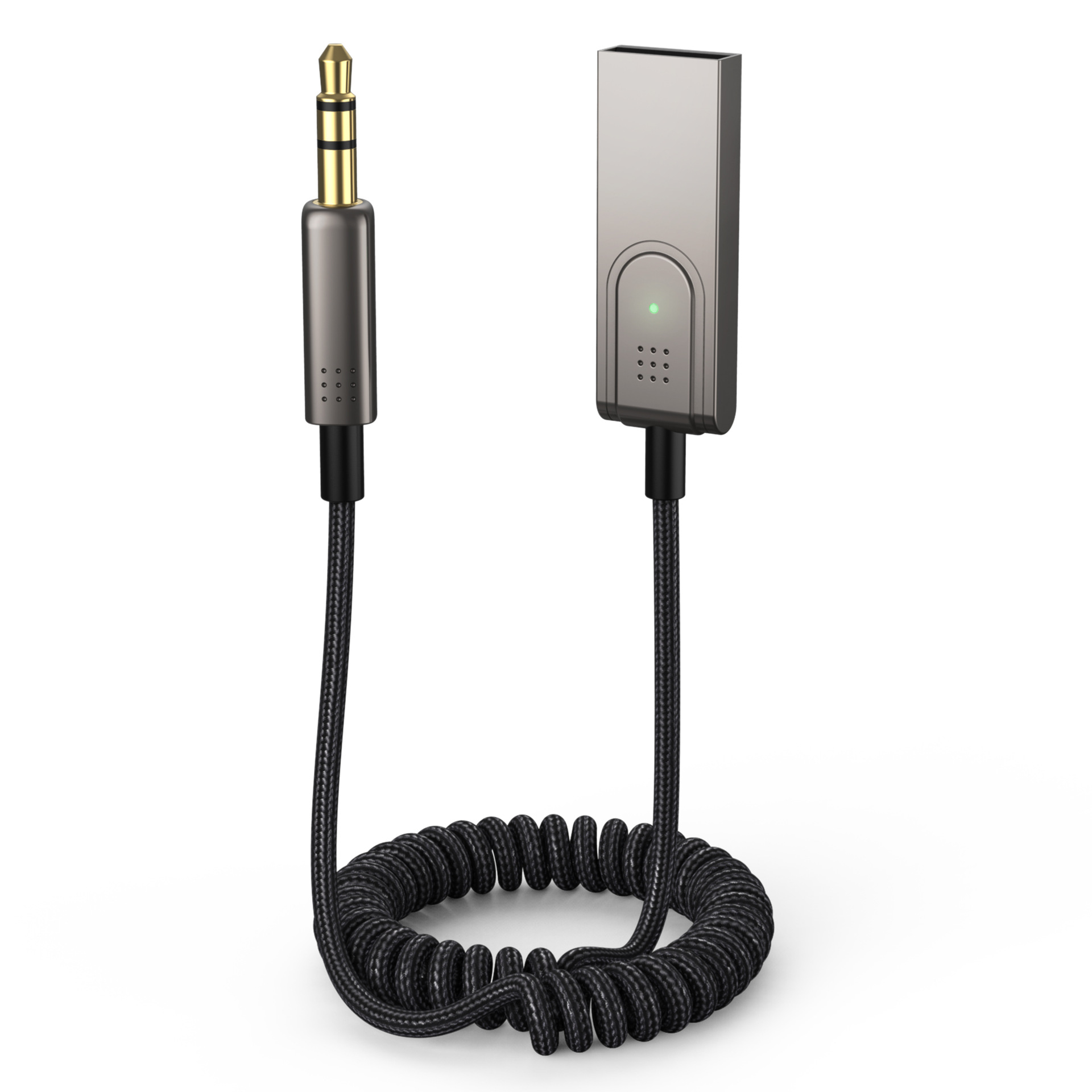 Adapter 3,5 mm do USB z czarnym kablem spiralnym. Adapter jest srebrny i czarny.