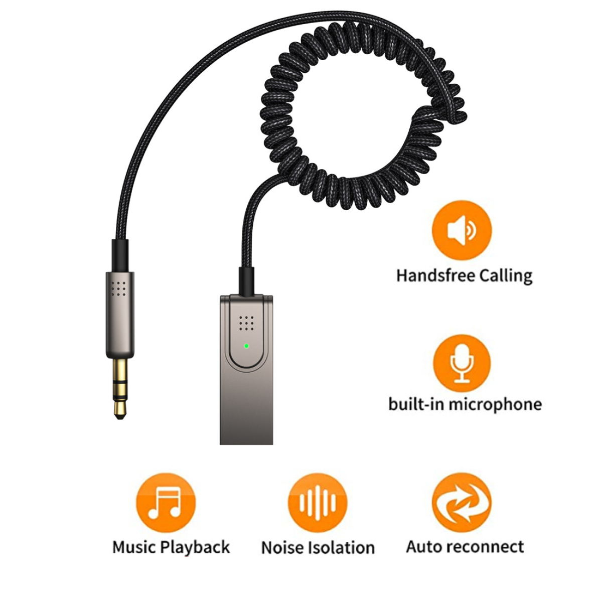 Czarny adapter audio ze spiralnym kablem i pozłacanym złączem.