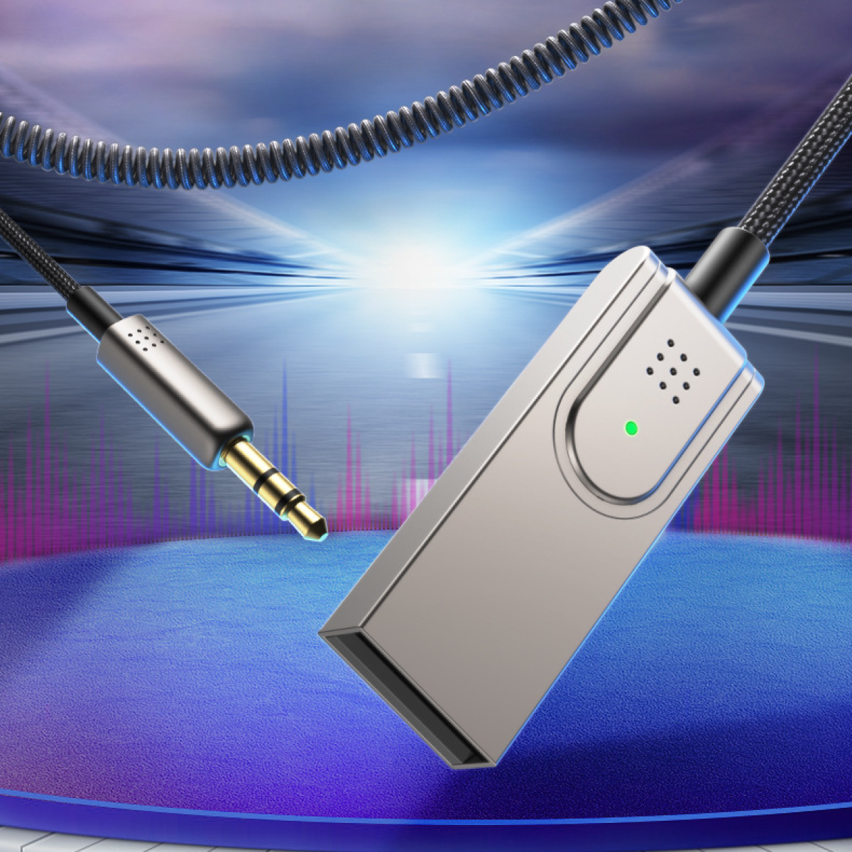 Srebrny odbiornik audio z gniazdem 3,5 mm i kablem, z niebieskim tłem i falistym wzorem.