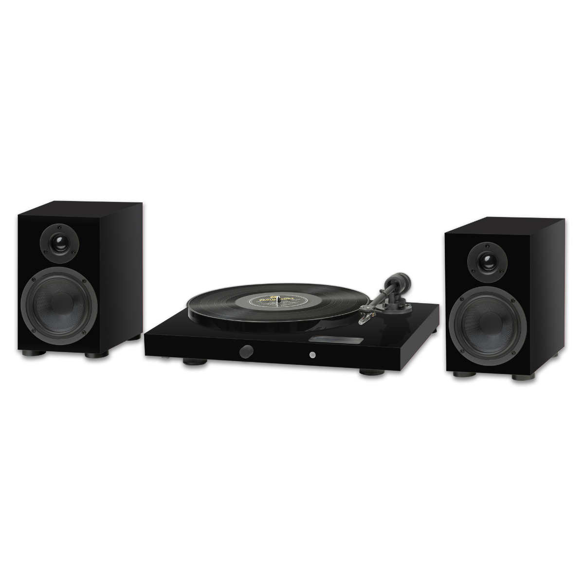 Czarny gramofon i dwa czarne głośniki na białym tle. Gramofon odtwarza płytę.