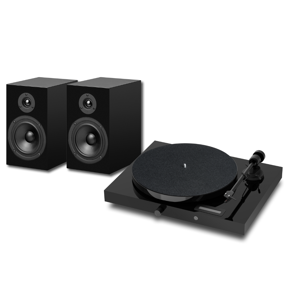 Czarne głośniki i gramofon na białym tle, sprzęt muzyczny.