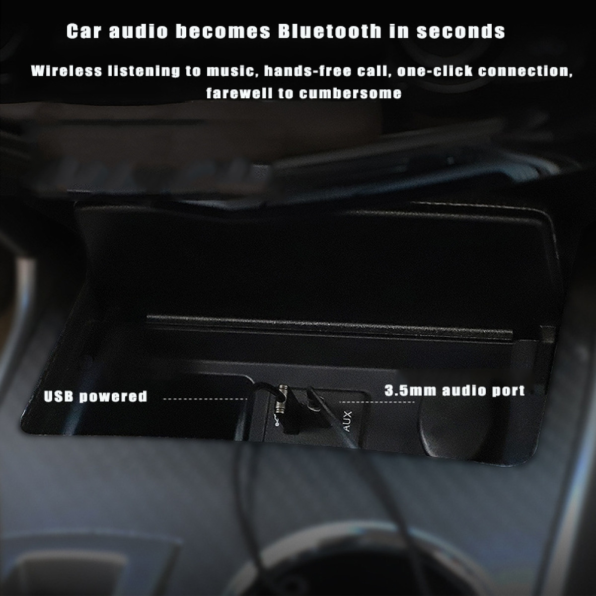 Adapter Bluetooth audio do samochodu w konsoli z tekstem.